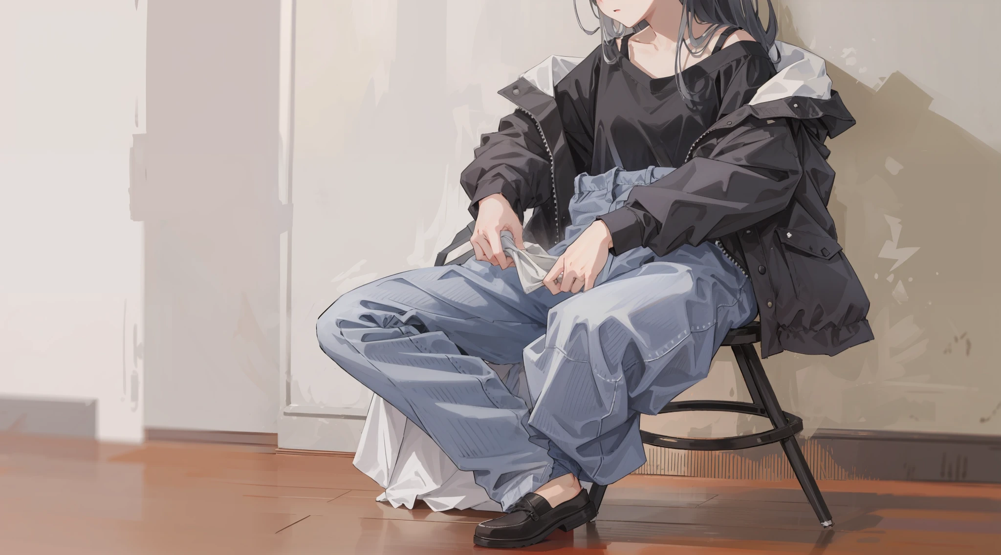 Woman sitting on stool in black top and jeans, Baggy pants, dressed with long fluent clothes, wearing a long flowy fabric, casual clothing style, Acid cleaning layer, wearing a baggy, multilayered outfit, Silver and muted colors, Relaxed style, grey Clothes, Pants, baggy, Unclean, Gray skin. grunge, Styling,