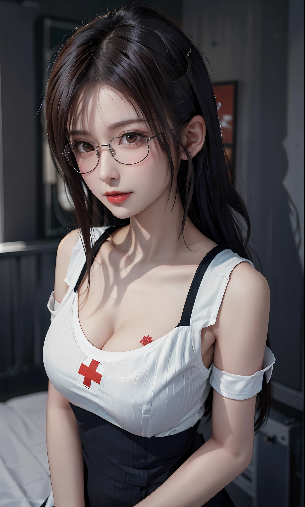 (RAW photos:1.2),high high quality,Beautiful Meticulous Girl,nurse woman,Highly detailed eyes and face,beatiful detailed eyes,hugefilesize,A high resolution,8k wallpaper,finely detailled,Highly detailed stock code uniform 8k wallpaper,light in face,Tattoo 3D,full bodyesbian,in hospital,电影灯光,16 year old girl,A sexy pose,(photo-realism:1.4),illustratio,ultra-realistic realism,super detailing, tmasterpiece, in hospital,Nurse's uniform,wears glasses,Bigchest,low chest