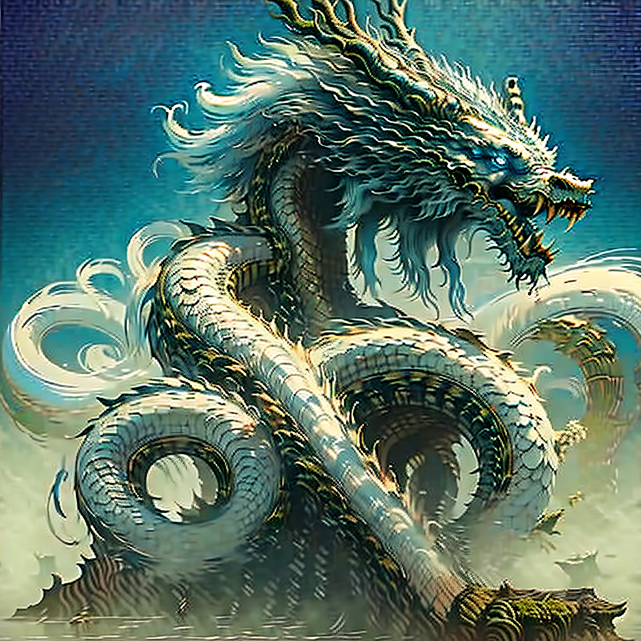 Best quality,masterpiece,ultra high res,nu no humans, (long:1.2),tree, teeth, sharp teeth, blue eyes, cloud, outdoors, 1other, fantasy, horns, sky, fog, open mouth, monster, scenery