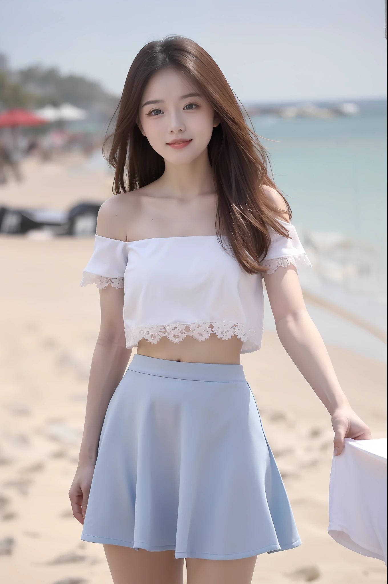 high detal,8K分辨率,超高分辨率,Young beautiful girl slightly fat,((waist-up)) ，full bodyesbian，A cute girl，long whitr hair，Bright and clear eyes,(voluminous hair,鎖骨,Exquisite and perfect facial features, the most beautiful big eyes,Long eyelashes,Wear a lace suspender bandeau top，Puffy skirt，，Crop topping，sweet eyes,ssmile)，dynamic angle,Extreme picture quality,Highest accuracy,Precise and perfect human anatomy，with blue sky and white clouds，On the beautiful seaside，sandbeach。