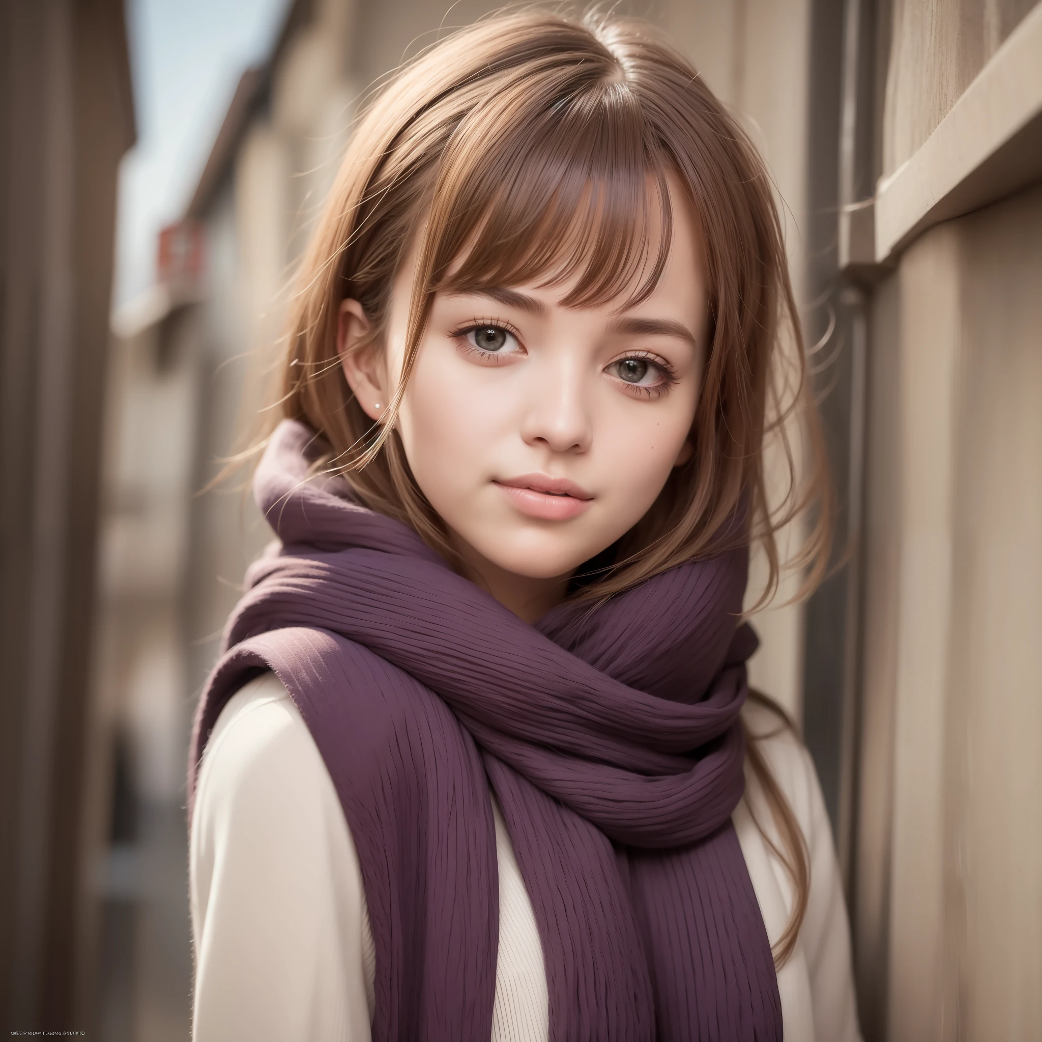 Best quality,Masterpiece,Ultra HD digital photos,solo portrait,one-girl,Wear a slender coat,Wear a scarf,ssmile,looking to the camera,exteriors,