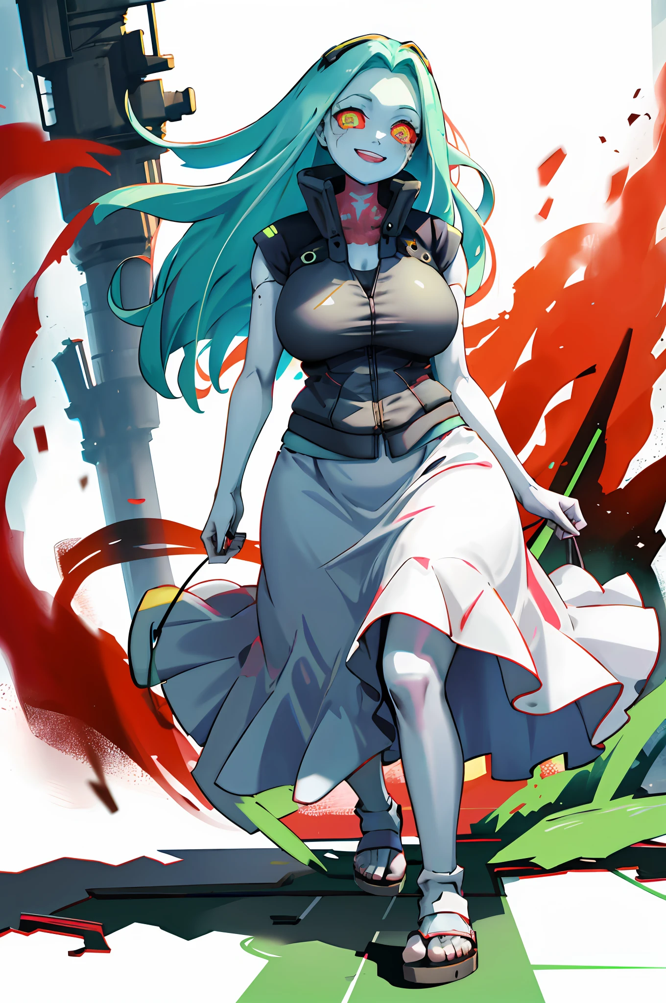 rebecca \(cyberpunk\), mechanical eye, colored sclera, red sclera, colored skin, white skin,1girl, red pupils, long skirt, curvy, thicc, walking, vest, long skirt, tall girl, iceland tundra, happy, smile, forest, big breast, flip flops