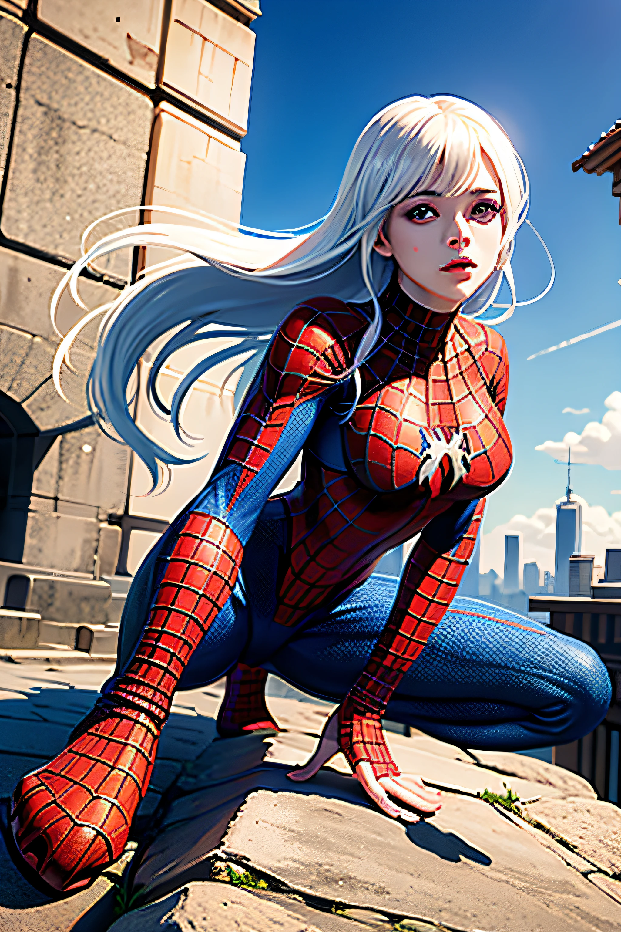 4k, realistic, carismatic, very detail, there is a girl on top city, wearing spiderman costum, she is a spiderman, white super hero theme, white long hair, 25 years old, full body