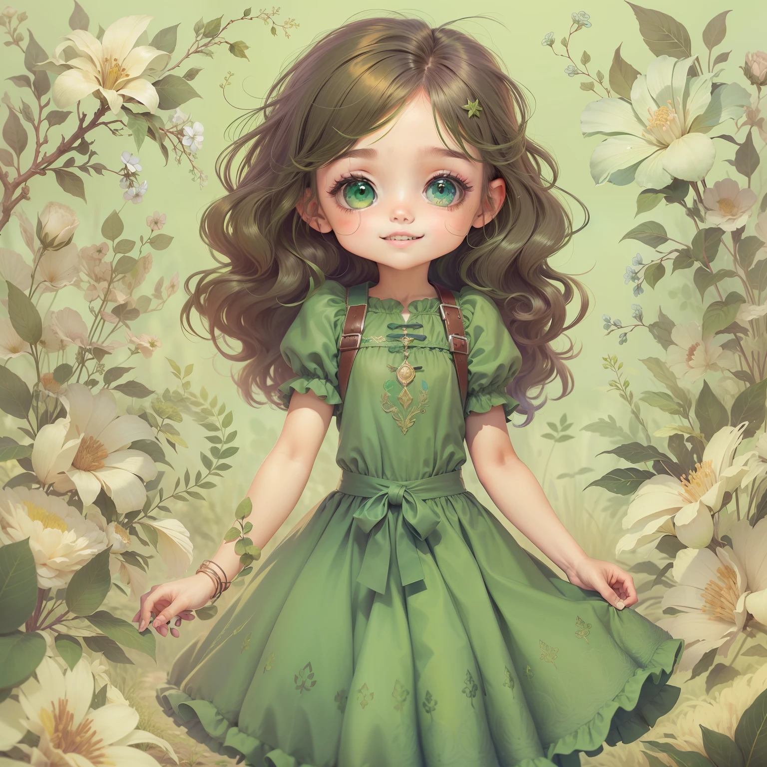 estilo desenho animado infantil, (((branca))), (((com cabelos curtos e ruivos))), (((com olhos verdes))), vestido azul, feliz, detalhes intricado