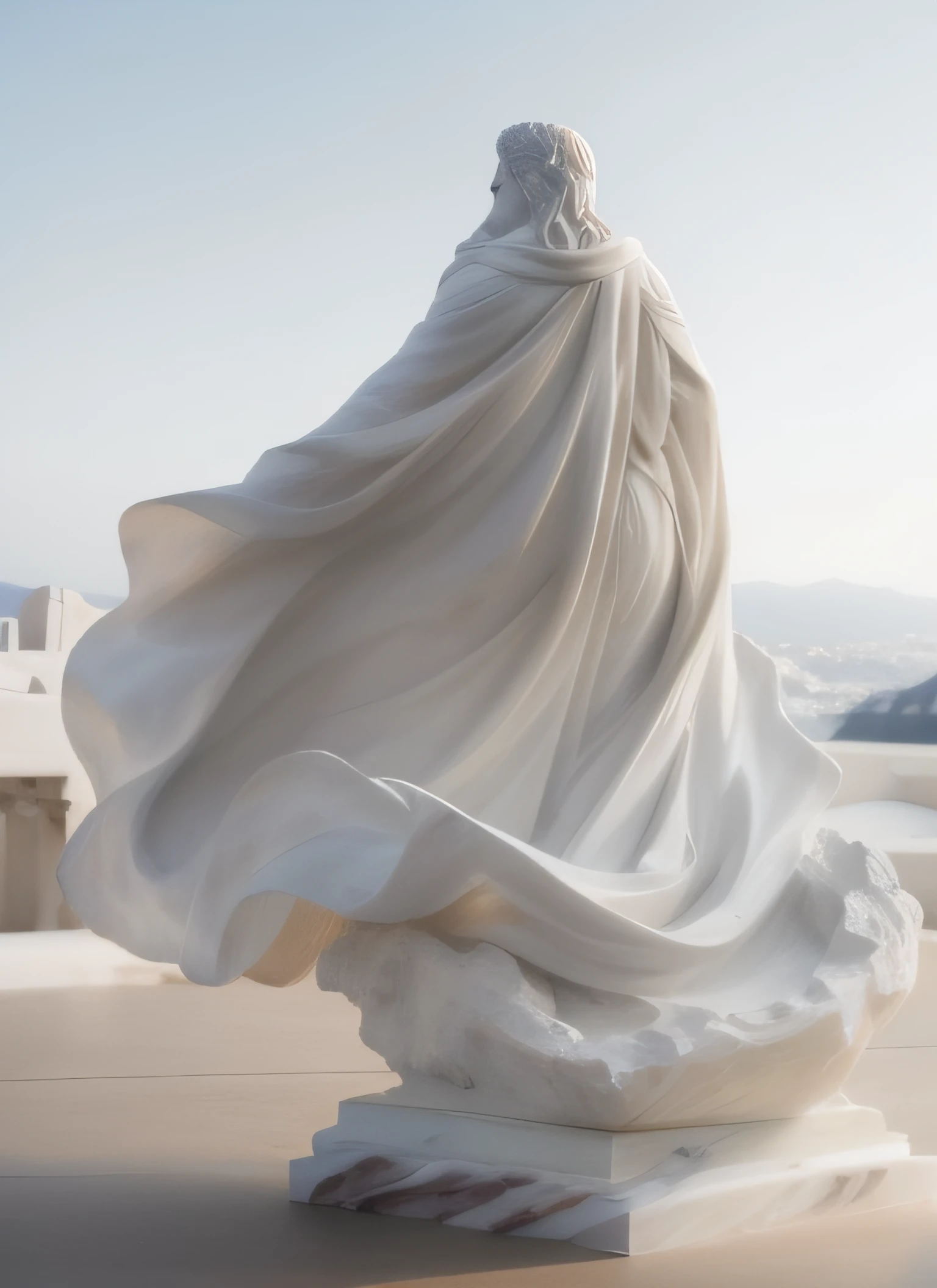 Escultura maqueta blanca de 1 bandera flameando, Classical antiquities, White marble model sculpture, Classical model sculpture of moving fabric, Classic marble model, Modelo grande, (((White Greek marble statue))), ((fotorrealista)) realista, luz proveniente de arriba, yeso, Foto de estudio.