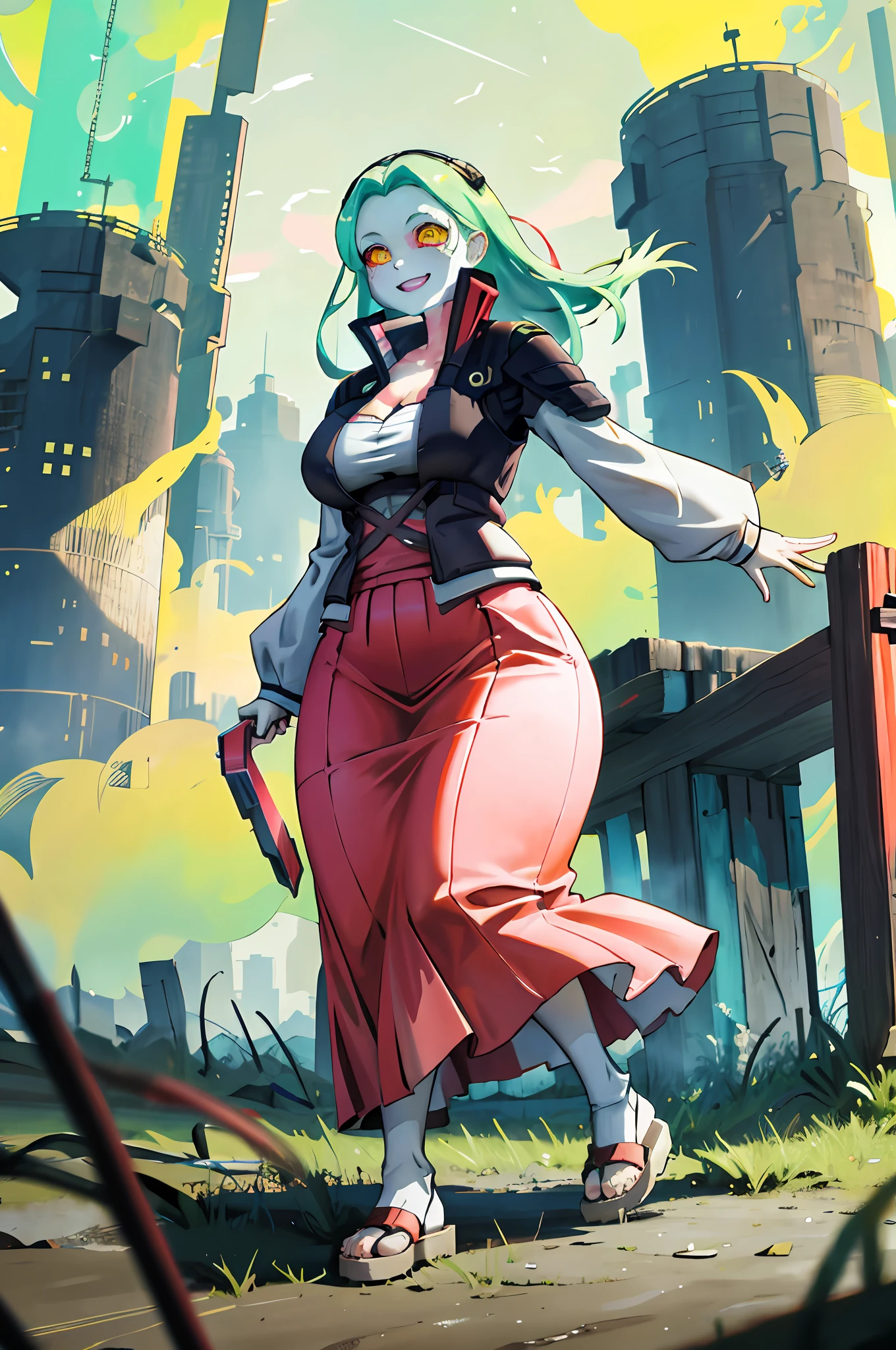 rebecca \(cyberpunk\), mechanical eye, colored sclera, red sclera, colored skin, white skin,1girl, red pupils, long skirt, curvy, thicc, walking, vest, long skirt, tall girl, iceland tundra, happy, smile, forest, big breast, flip flops