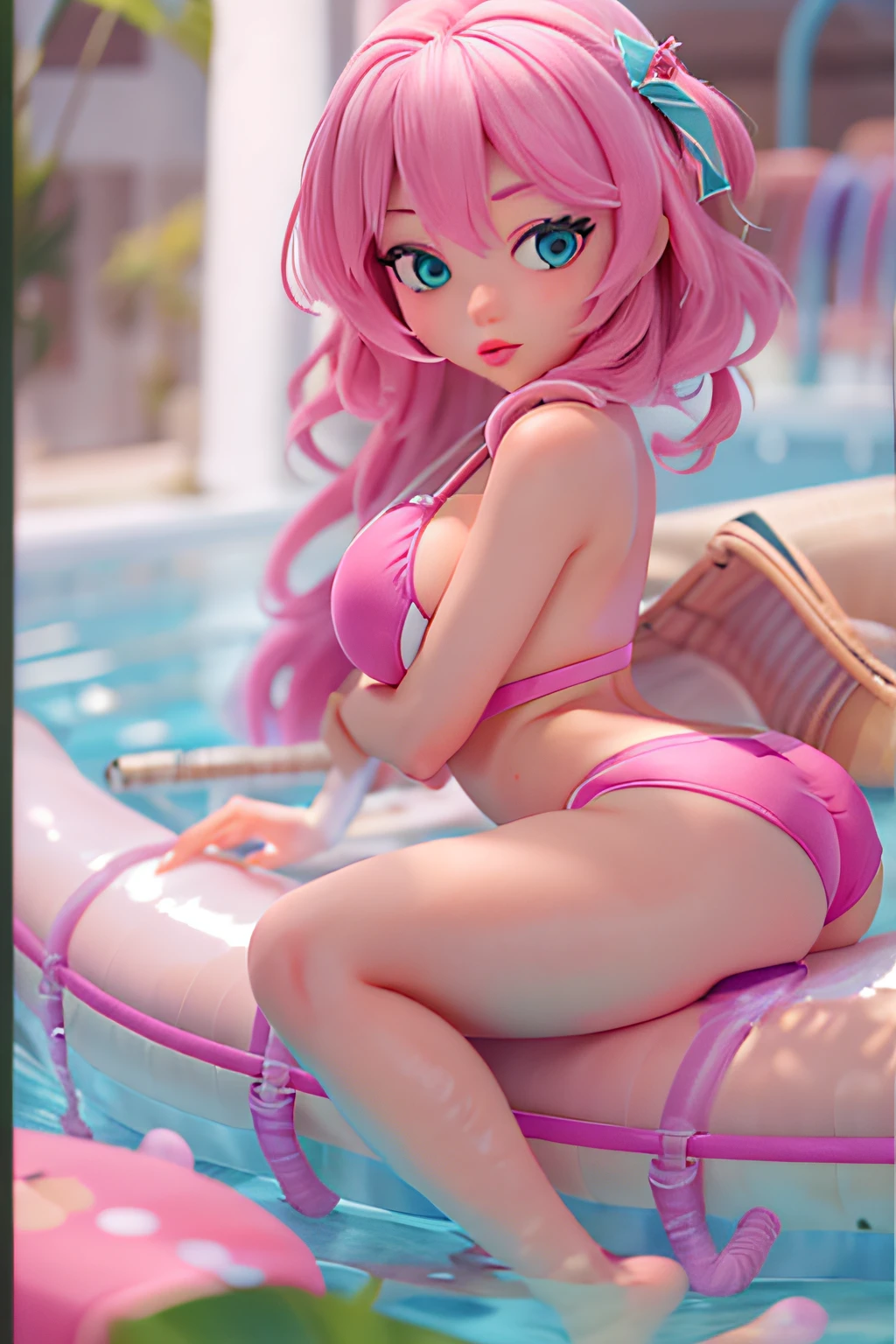 high resolution, 3D cartoon, a woman in a pink bikini sitting in a pool, perfect lips, poofy, sexy lips, (swim tube), japanese model, masterpiece, best quality
