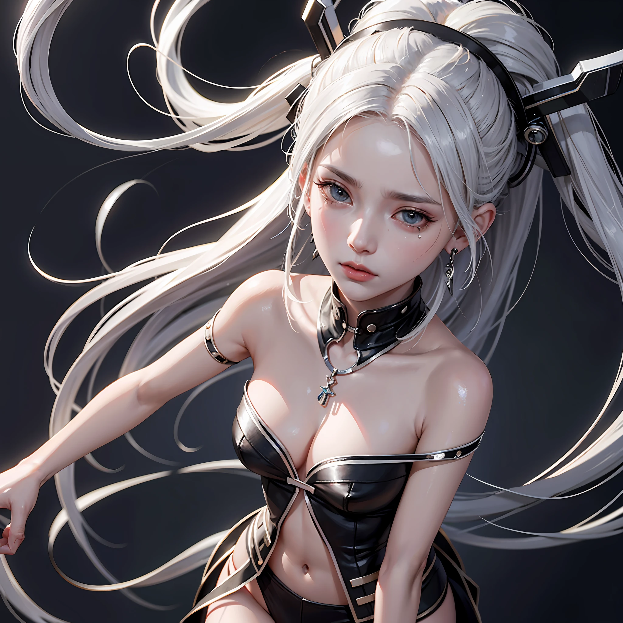 Striped hair, Silver hair, Absurdly long hair, hair adornments, streaming tears, Earrings, ripped apart, Action painting, Anime style, lines of movement, stereograms, blend, Cinematic lighting, bust chart, tachi-e, Close-up, angle of view, Nikon, hyper HD, A high resolution, High quality, High details, Best quality, Textured skin --auto