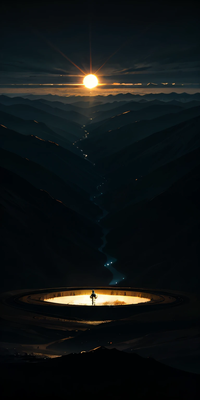 Overlooking，Abyss，darkly，a slight light，In a huge valley，A huge circular pit，The pit was pitch black，The sun overhead does not shine