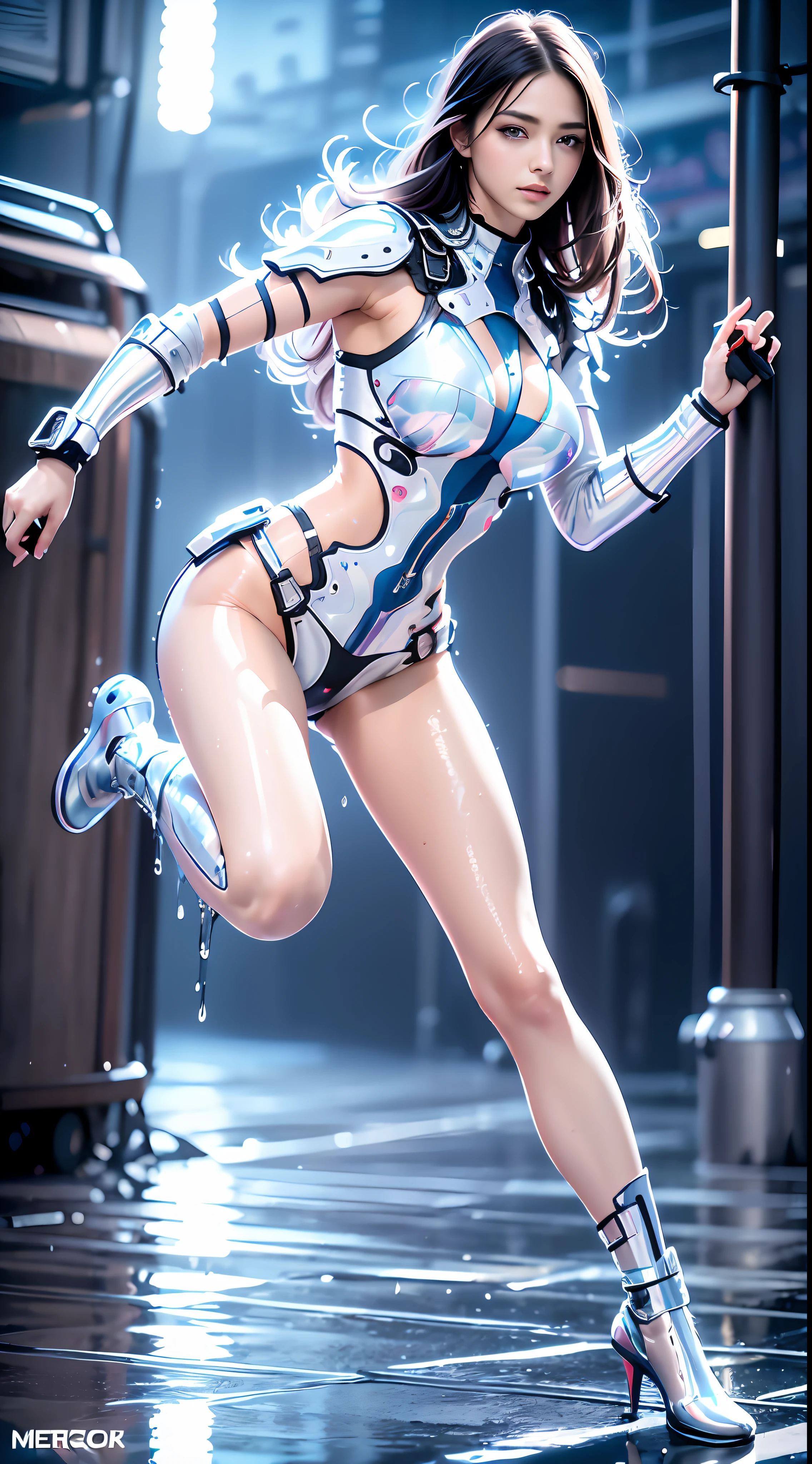 Realistic full body portrait of a girl 20 years younger. perfect body, realistic perfect body composition, wet body in rain, waterfall scene. Realistic beautiful blue eyes, cool face, fair skin, good looking, tattoo art, sexy liquid acrylic outfit, warm dreamy light, volumetric light, adventure style pulp, dynamic gradient, vivid color, illustration, highly detailed vector curve, simple, smooth and clean, vector art, smooth, color, vibrant color kiss, character design. High image quality, meticulous detail, perfect realistic work