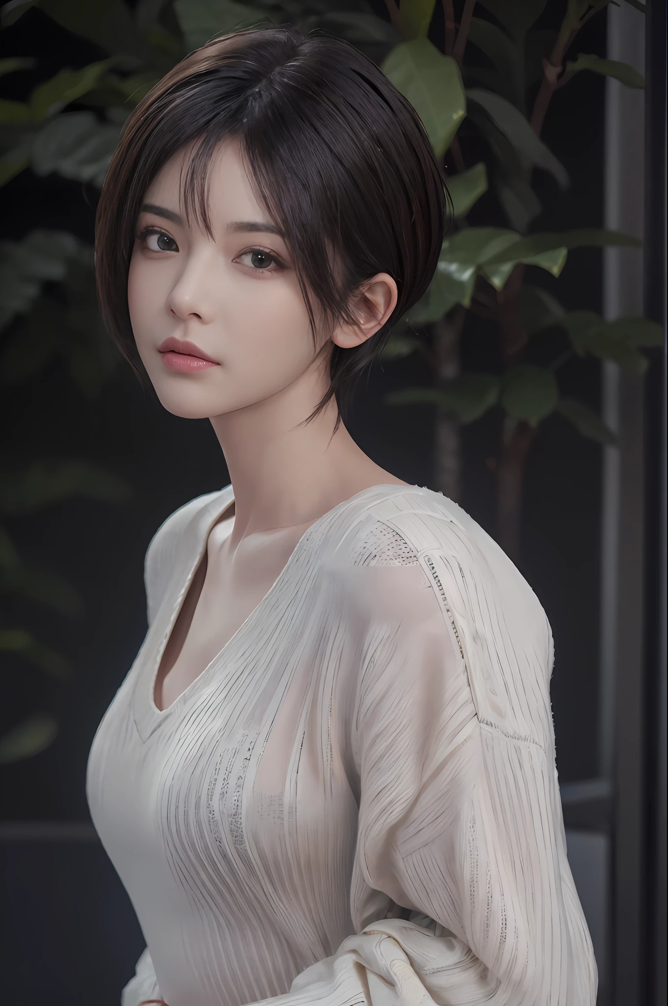 (masterpiece:1.3), (8k, photorealistic, RAW photo, best quality: 1.4), (1girl), beautiful face, (realistic face), (black hair, short hair:1.3), beautiful hairstyle, realistic eyes, beautiful detailed eyes, (realistic skin), beautiful skin, (sweater), absurdres, attractive, ultra high res, ultra realistic, highly detailed, golden ratio