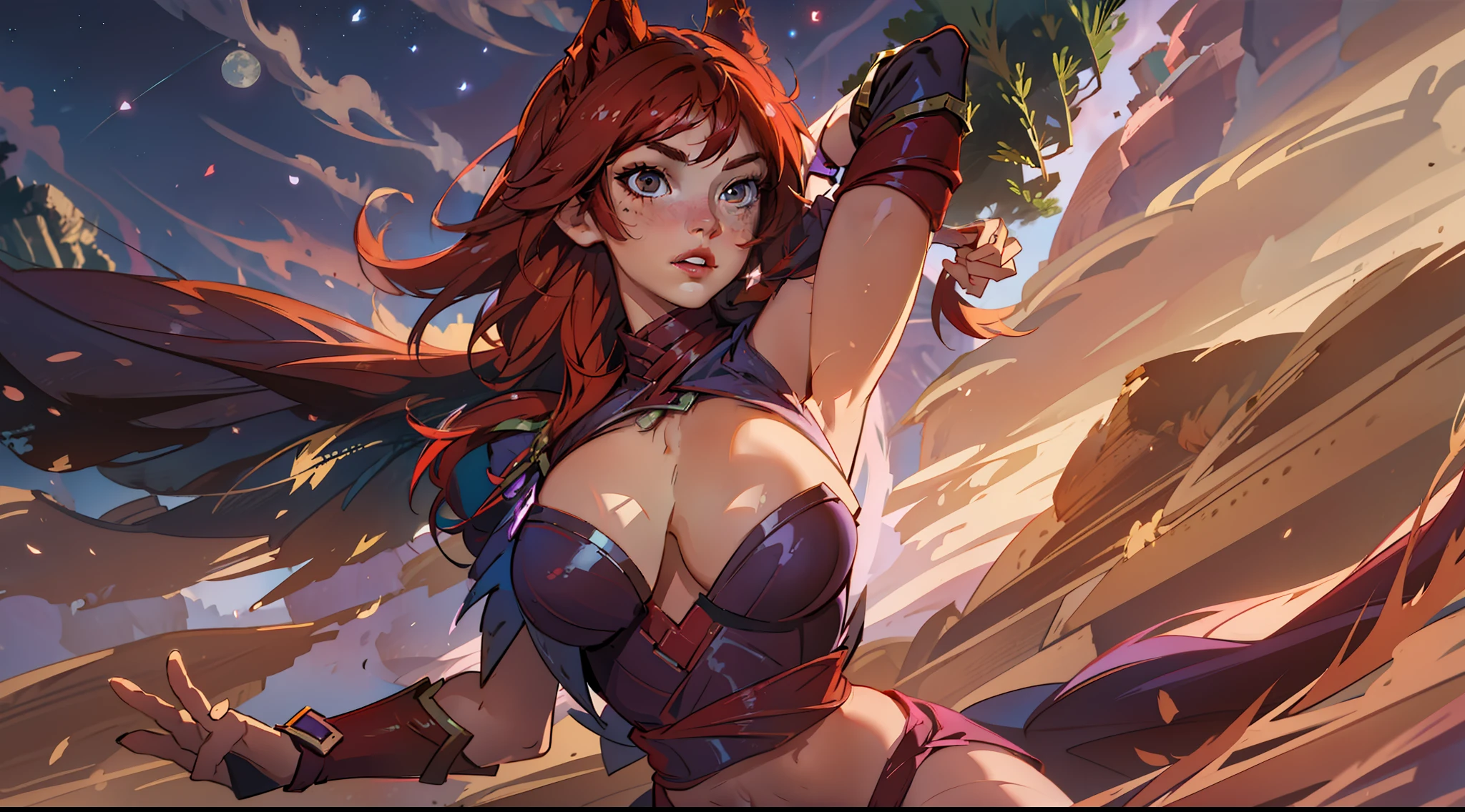 1 girl, ig model, league of legends, xayah, bird ears, action pose, arms up, arms behind head, red hair, brown eyes, lewd face, sexy, cleavage, armpits, large breasts, wide hips, thick thighs, muscles, abs, realistic, ray traced, desert, sand, night, stars, moon, clouds