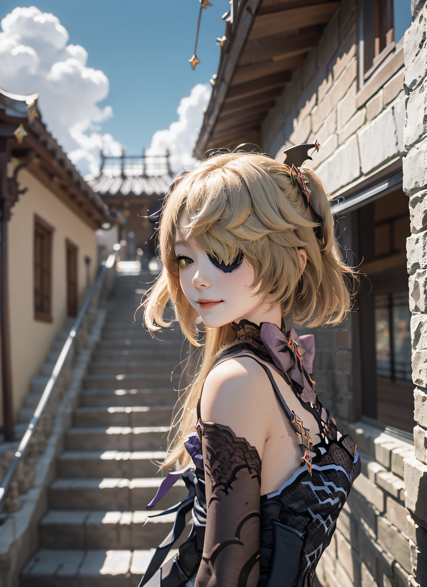 fischldef, The upper part of the body, a smile, red blush,  a blond、plein air, tag, simple background, blue open sky, shorth hair, Skysky, temple, looking at the viewers, stairway, mont, moody lighting, Facing your audience,