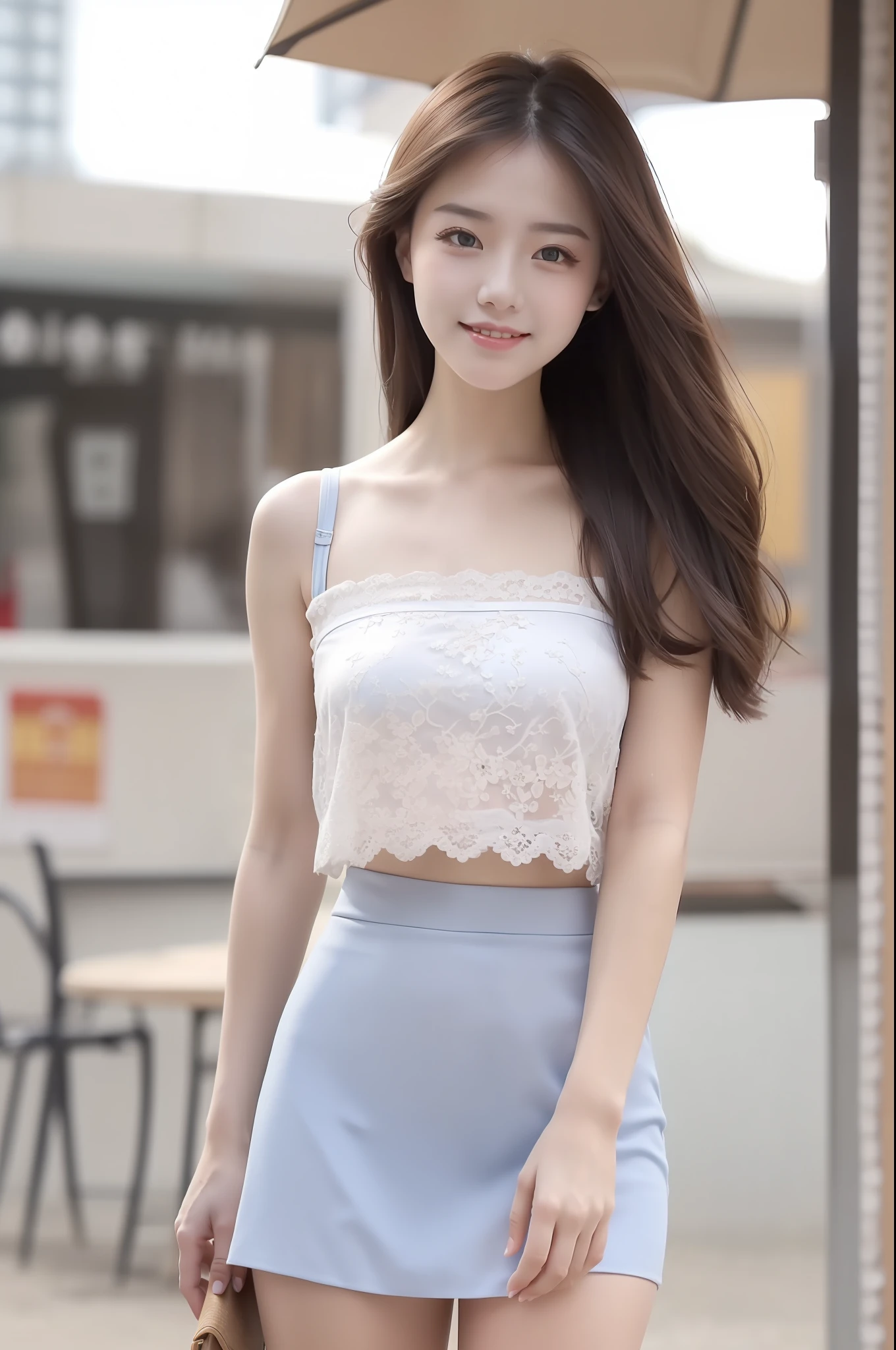 high detal,8K分辨率,超高分辨率,Young beautiful girl slightly fat,((waist-up)) ，full bodyesbian，A cute girl，long whitr hair，Bright and clear eyes,(voluminous hair,鎖骨,Exquisite and perfect facial features, the most beautiful big eyes,Long eyelashes,Wear a lace suspender bandeau top，Skirt，Puffy skirt，，Crop topping，sweet eyes,ssmile)，dynamic angle,Extreme picture quality,Highest accuracy,Precise and perfect human anatomy，with blue sky and white clouds，On the beautiful seaside，sandbeach。