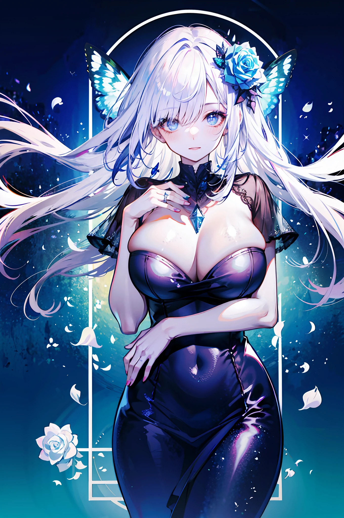 silber hair，butterflys，long whitr hair，8k wallpaper，detailedbackground，Highest high resolution，deep v big breasts，Hair covers one eye，Bandeau dress，chies，White rose，tight-fitting，themoon，full bodyesbian，