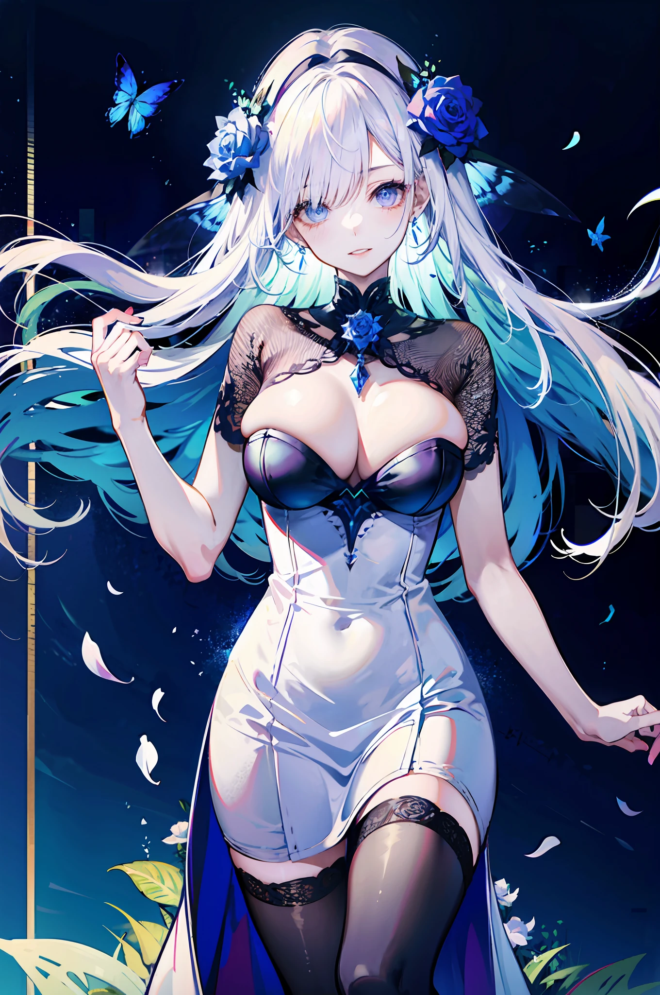 silber hair，butterflys，long whitr hair，8k wallpaper，detailedbackground，Highest high resolution，deep v big breasts，Hair covers one eye，Bandeau dress，chies，White rose，tight-fitting，themoon，full bodyesbian，