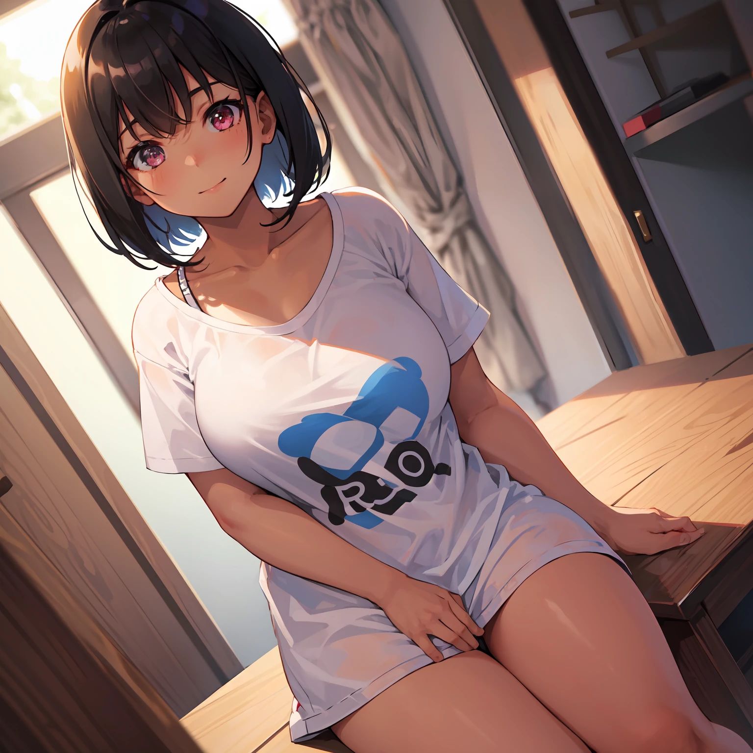 1girl, solo, solo focus, standing, smile, tanned skin, tan lines, thing below clothes, futanari, sfw, chubby, cute chubby girl, black hair, short hair, inverted bob cut, messy hair, long hair bangs, pink eyes, white t-shirt, sitting, masterpiece, character illustration, focus blur, depth of field, blurry, indoors, looking at viewer, dutch angle,  below clothes, futanari, sfw