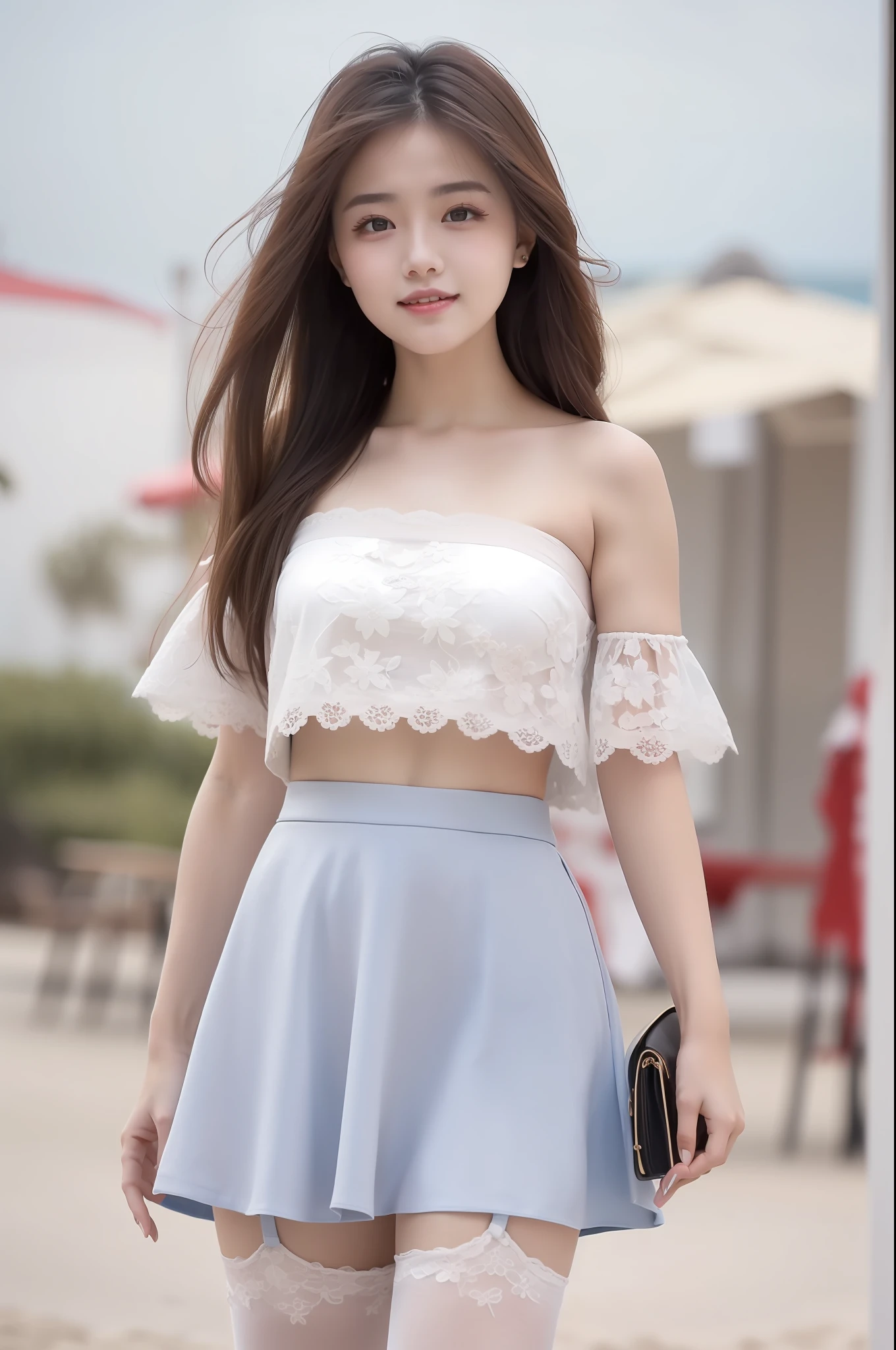 high detal,8K分辨率,超高分辨率,Young beautiful girl slightly fat,((waist-up)) ，full bodyesbian，A cute girl，long whitr hair，Bright and clear eyes,(voluminous hair,鎖骨,Exquisite and perfect facial features, the most beautiful big eyes,Long eyelashes,Wear a lace suspender bandeau top，Skirt，Puffy skirt，，Crop topping，sweet eyes,ssmile)，dynamic angle,Extreme picture quality,Highest accuracy,Precise and perfect human anatomy，with blue sky and white clouds，On the beautiful seaside，sandbeach。