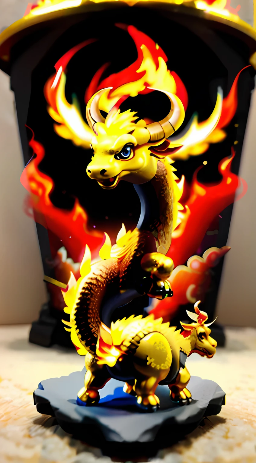 color photo of a surreal and adorable small fire dragon and a golden calf, based on the Chinese zodiac element of dragon and ox, where the fire dragon faces the camera and the little golden calf has its back to the camera and looks back at the camera. —c 10 —ar 2:3