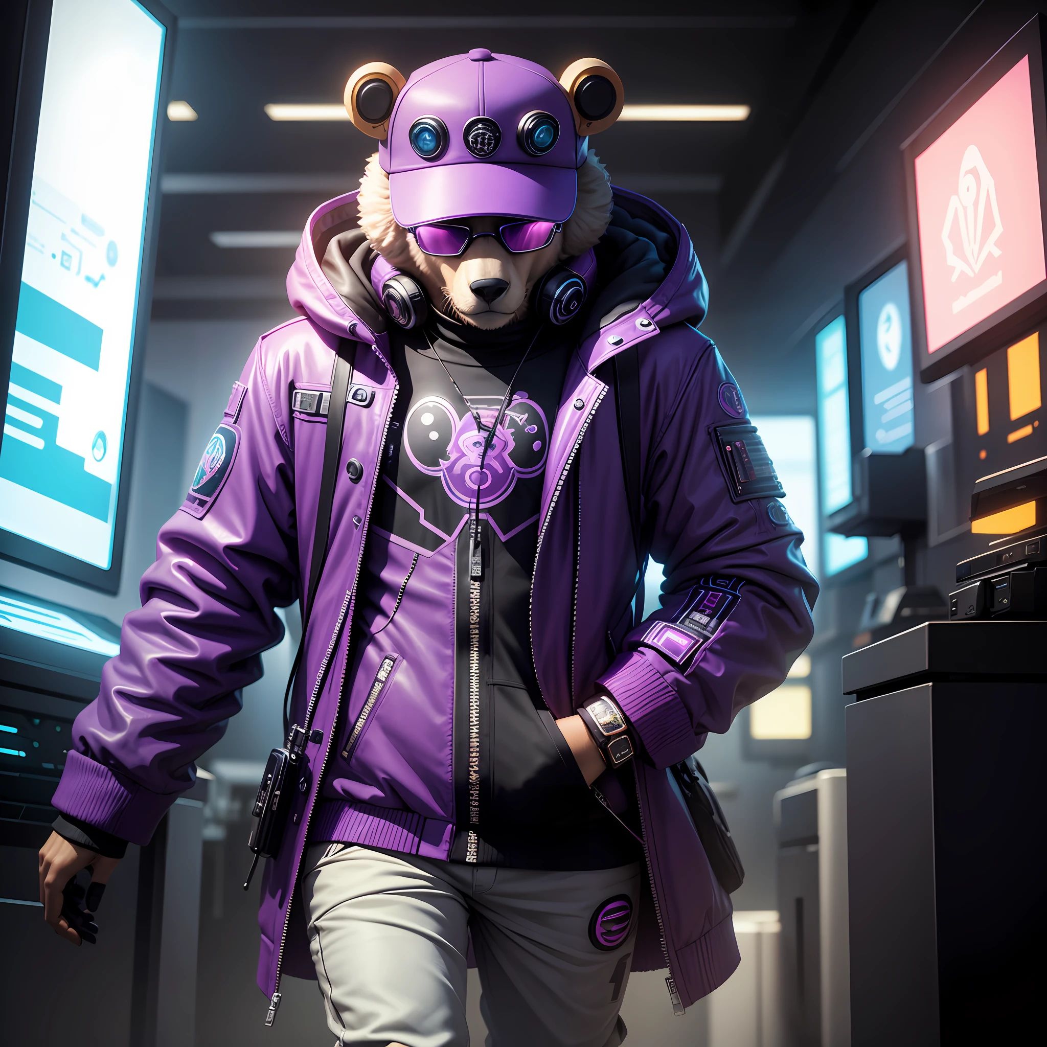 “Teddy Cyberpunk”: The most stylish and futuristic teddy bear you've ever seen!

[3D rendering of a teddy bear wearing a purple coat and a matching hat, in a style inspired by artist Mike "beep" Winkelmann] --auto