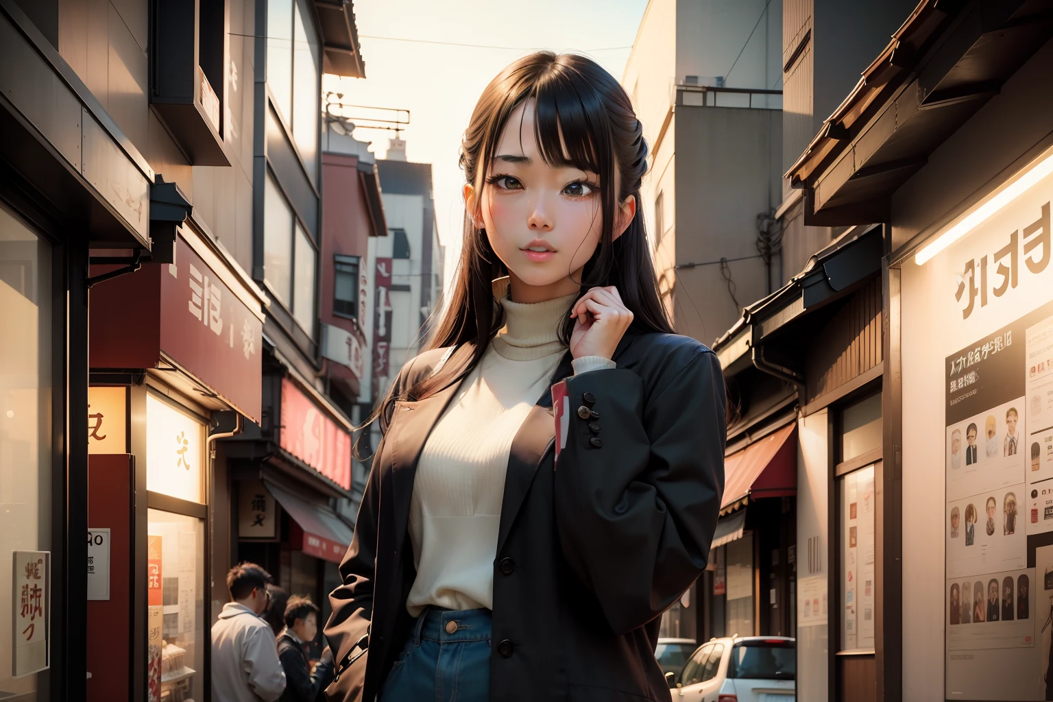 Takeshita Street, Harajuku, Tokyo, filled with young Japanese men and women. A beautiful, pretty, lovely, well-dressed, stylish, dark-haired Japanese woman with a pretty face is standing in the middle of the screen, looking at the camera. Her knees are visible. Super wide angle. The composition shows the entire Takeshita Street. --auto