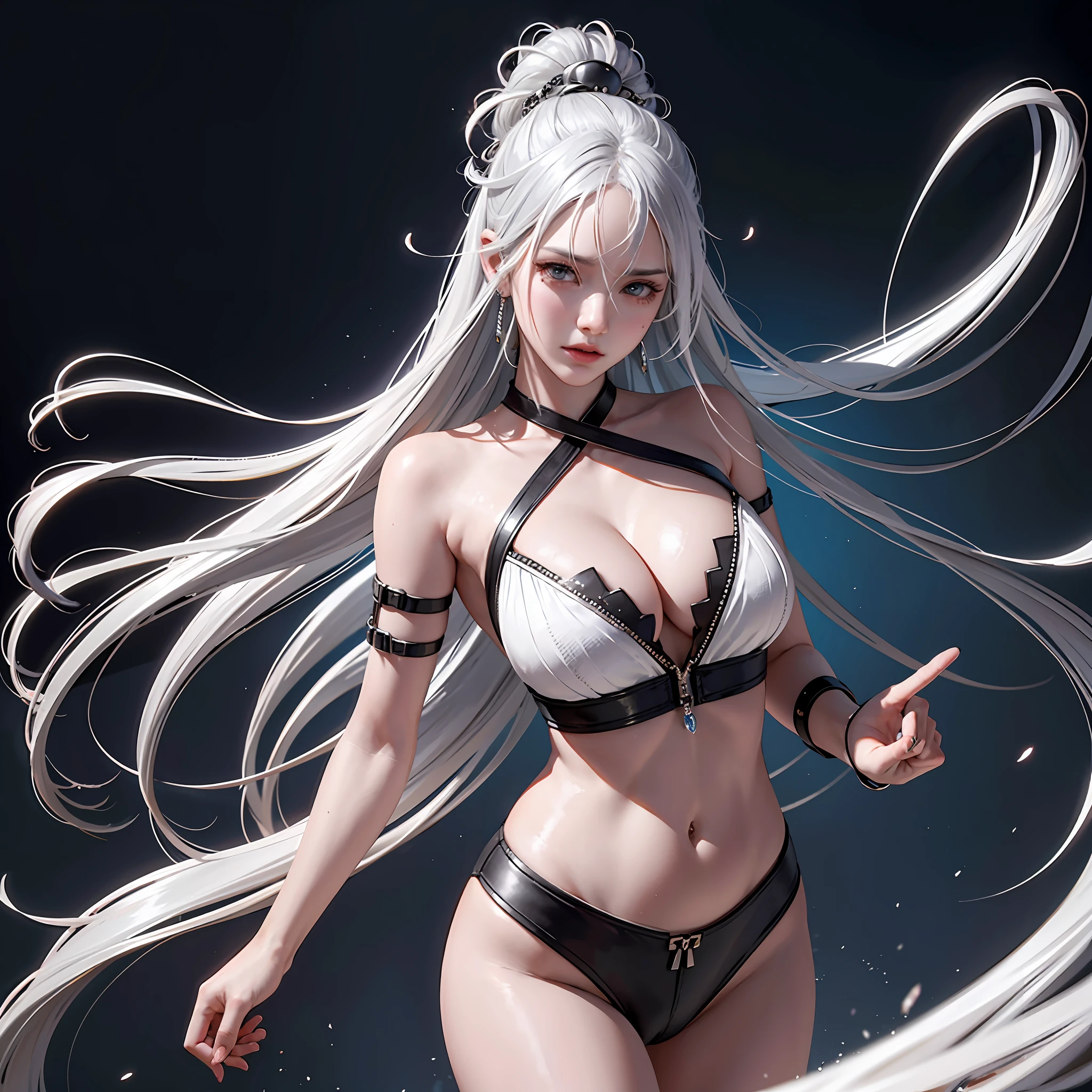 Striped hair, Silver hair, Absurdly long hair, hair adornments, streaming tears, Earrings, ripped apart, Action painting, Anime style, lines of movement, stereograms, blend, Cinematic lighting, bust chart, tachi-e, Close-up, angle of view, Nikon, hyper HD, A high resolution, High quality, High details, Best quality, Textured skin --auto