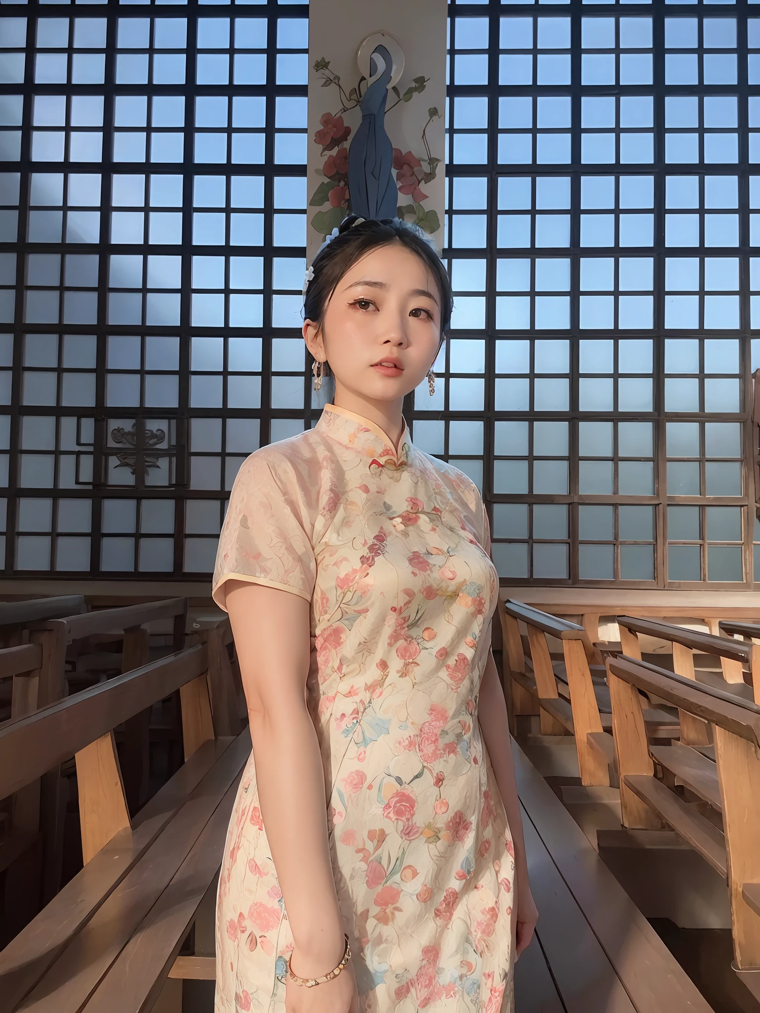 There was a woman standing in a room with a large window, Cheongsam, wearing a blue qipao dress, inspired by Chen Daofu, standing in a buddhist temple, in a blue qipao, Chinese woman, inspired by Xie Sun, inspired by Xie Shichen, inspired by Xu Xi, Zhang Wanting, Inspired by Itō Shinsui