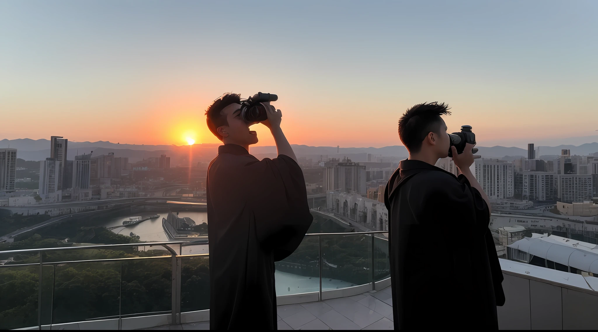 An 18-year-old boy holds a camera to take pictures,Wearing a black robe,There are some Macau elements on the right side of the background,On the left side of the background is the Oriental Pearl Tower,sunset scene,Faraway view,of a real,4K,Character backs,k hd,