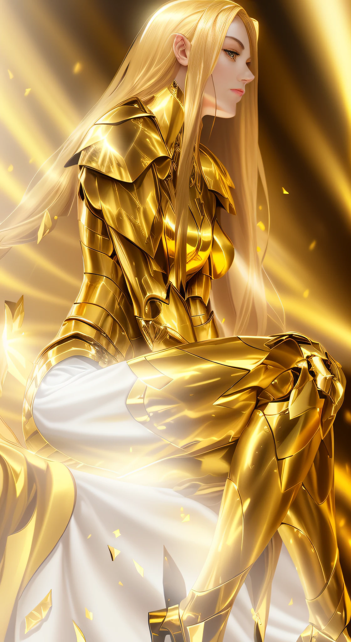 a close up of a woman in a gold outfit sitting on a motorcycle, light gold armor, gold heavy armor. dramatic, angelic golden armor, gold armor, gilded outfit, but the armor covers her face, golden armor, wearing gold armor, sleek gold armor, gold armour, draped in shiny gold and silver, wearing golden armor, golden armour