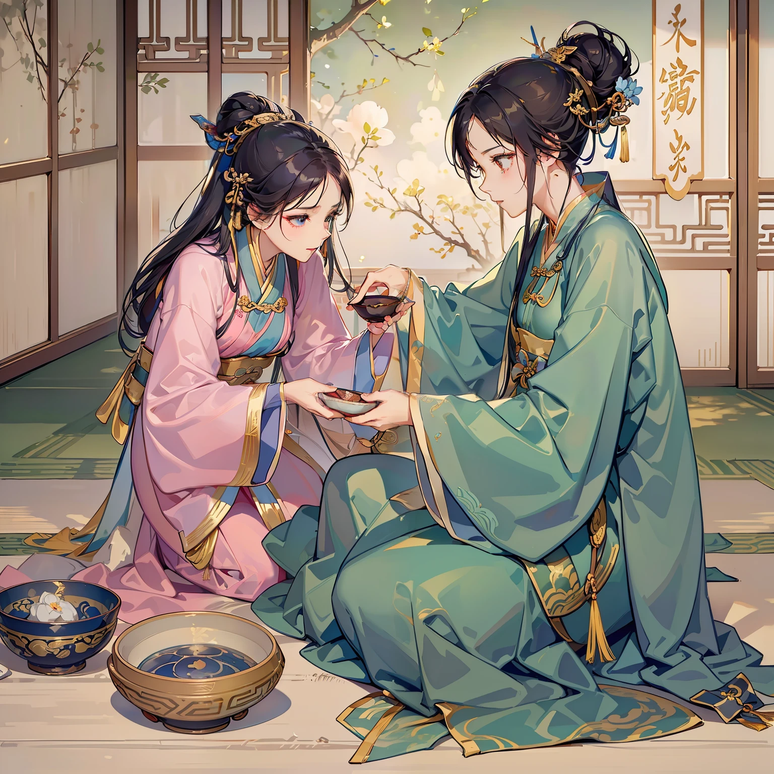 (A middle-aged woman is standing and another lovely girl is sitting on the ground, wearing Hanfu)
(Holding a bowl in her hand)
(on the ground)
(In the room, around the dark)
(Opens his eyes and wakes up)