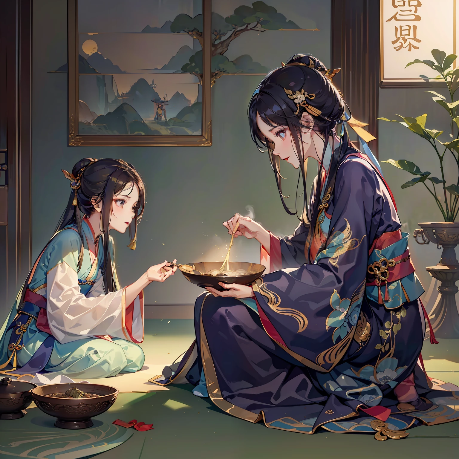 (A middle-aged woman is standing and another lovely girl is sitting on the ground, wearing Hanfu)
(Holding a bowl in her hand)
(on the ground)
(In the room, around the dark)
(Opens his eyes and wakes up)