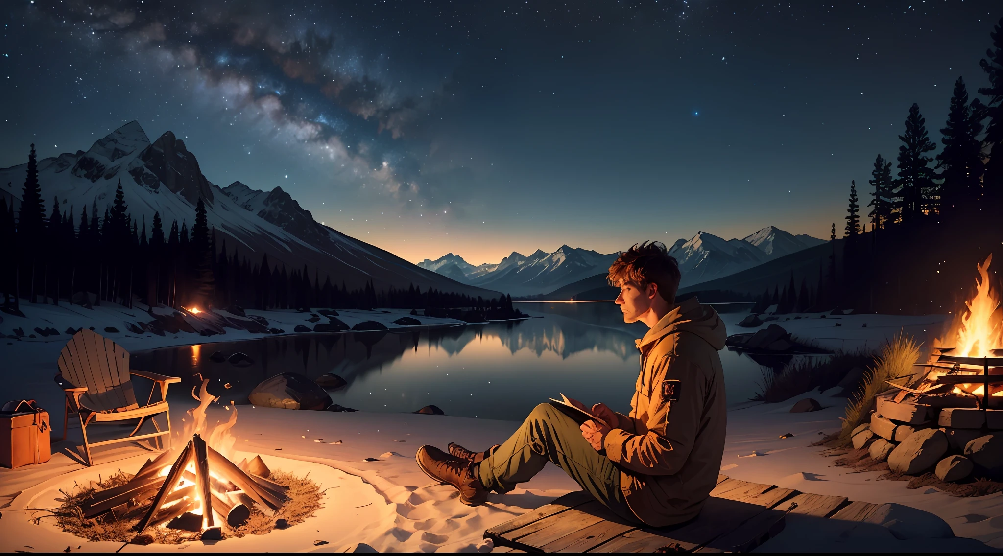 A lonely man sitting by a campfire in the wilderness，Look up at the stars --auto