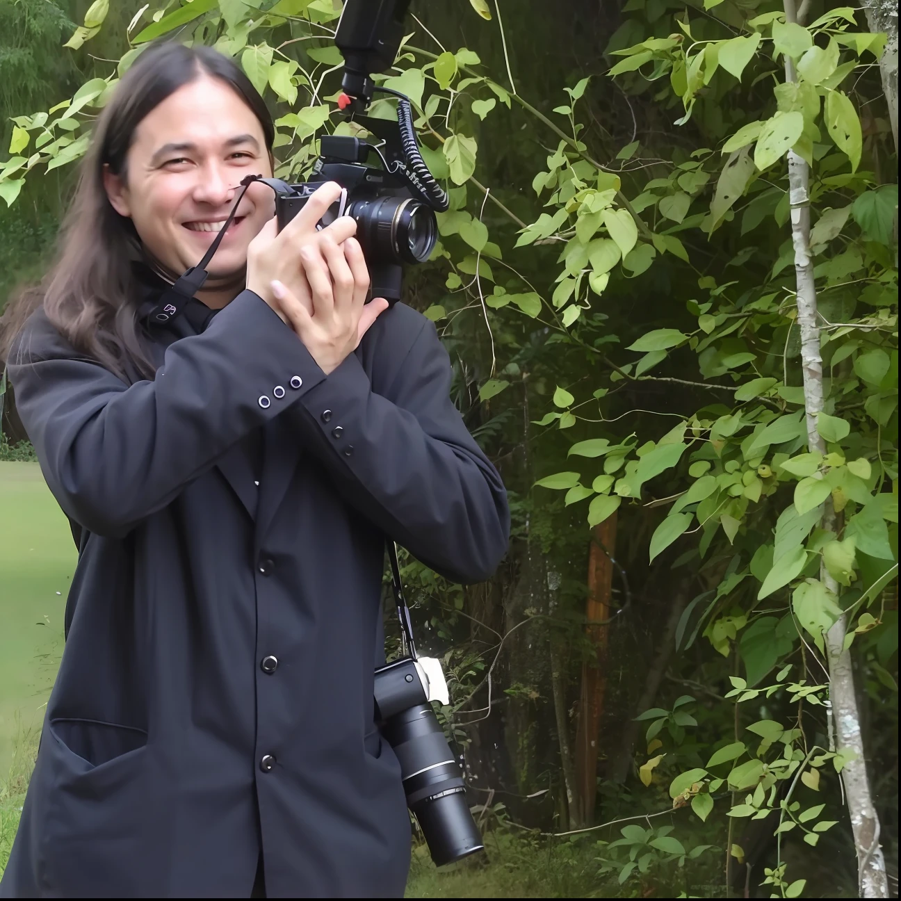 Man holding a camera and smiling as he stood in a field, enquanto sorri para uma fotografia, foto jornalista, holding it out to the camera, taken in the early 2020s, imagem profissional, Foto Profissional, com seus longos cabelos pretos, taken in the late 2010s, tiradas no final dos anos 2000