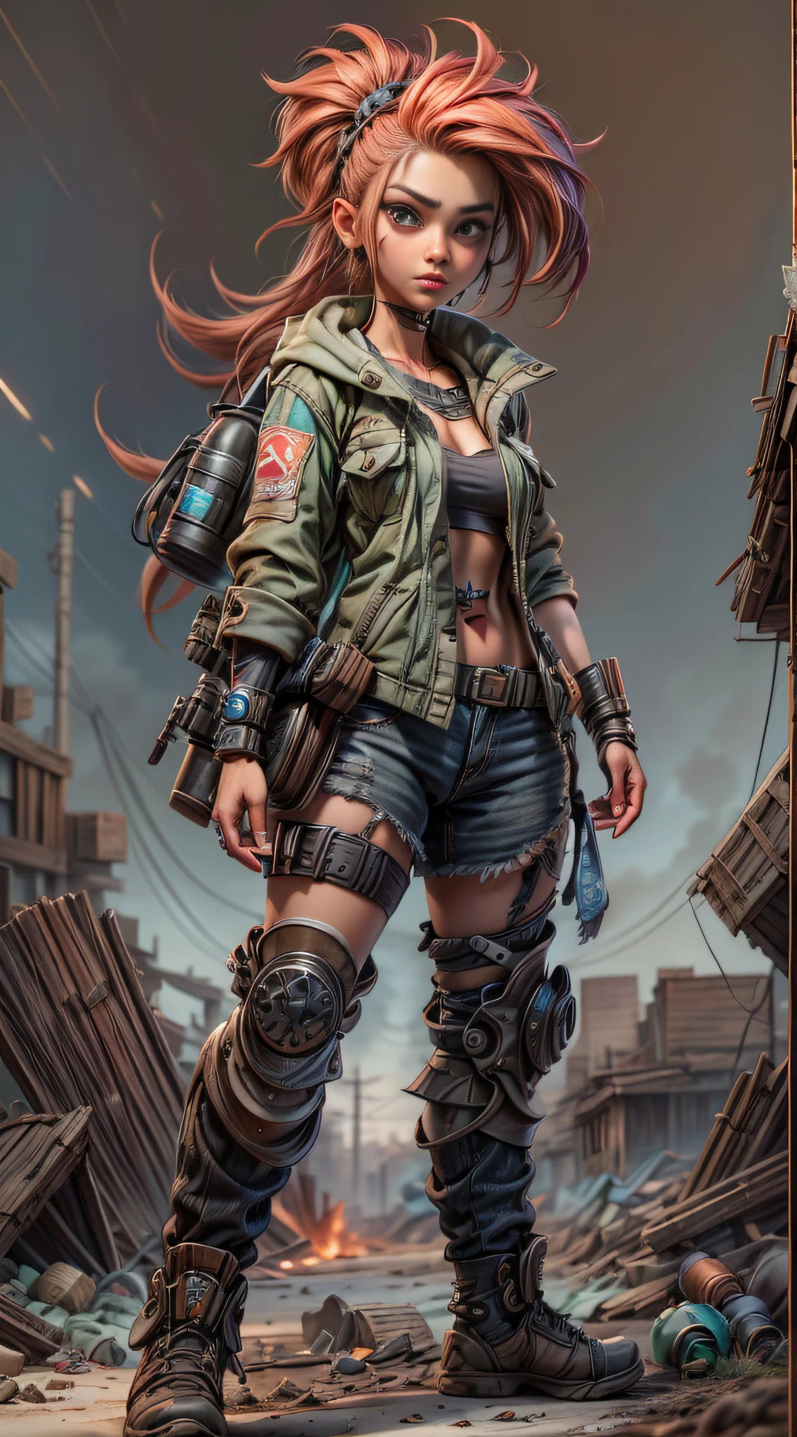 In a post-apocalyptic wasteland.., A brave punk girl stands up for the chaotic world around her... The camera zooms in on the girl.., Capture the fierce expression and determination in her eyes... Her clothes.., A combination of durable clothing and recycled materials.., It tells a story of cunning and adaptation... As the zoom progresses, Focus shifted to her gloved hand.., Hold the modified energy weapon tightly.., Show her fighting abilities... This prompt occurs in digital drawing format.., Combining rough textures and bright colors to create outstanding performance..