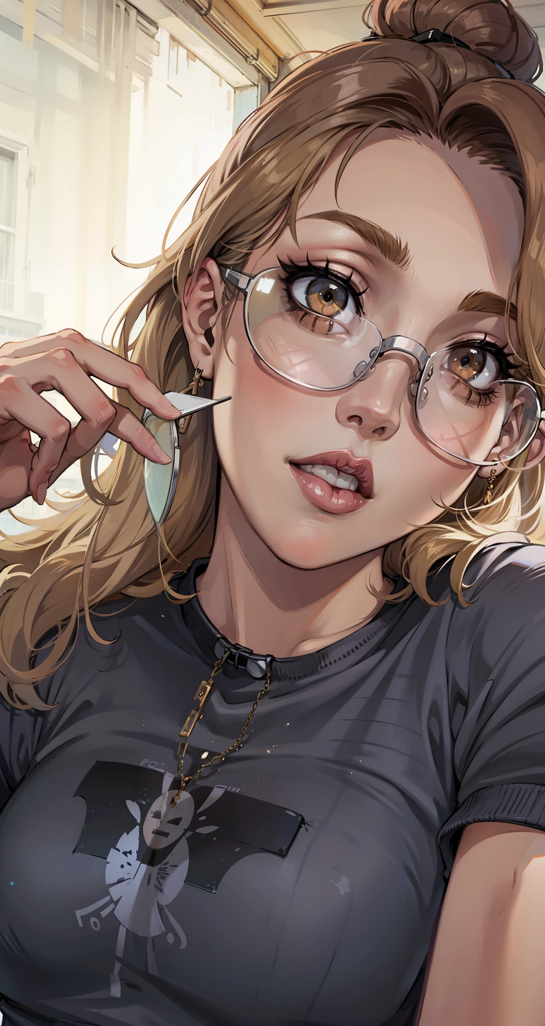 Blonde woman with pink sunglasses and a gray shirt, pink-tinted eyewear, with sun glasses, in sunglasses, with sunglasses, sunglasses on, woman with rose tinted glasses, sun glasses, girl wearing round glasses, menina cor-de-rosa, linda Delphine, sun glasses, rosa desbotado, round sunglasses, imagem de perfil, vibe rosa, 1 8 I, wearing sunglasses