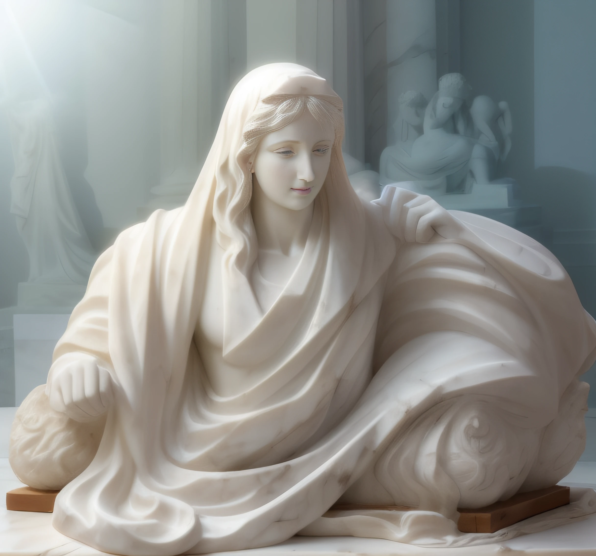 Escultura maqueta blanca de 1 bandera flameando, Classical antiquities, White marble model sculpture, Classical model sculpture of moving fabric, Classic marble model, Modelo grande, (((White Greek marble statue))), ((fotorrealista)) realista, luz proveniente de arriba, yeso, Foto de estudio.