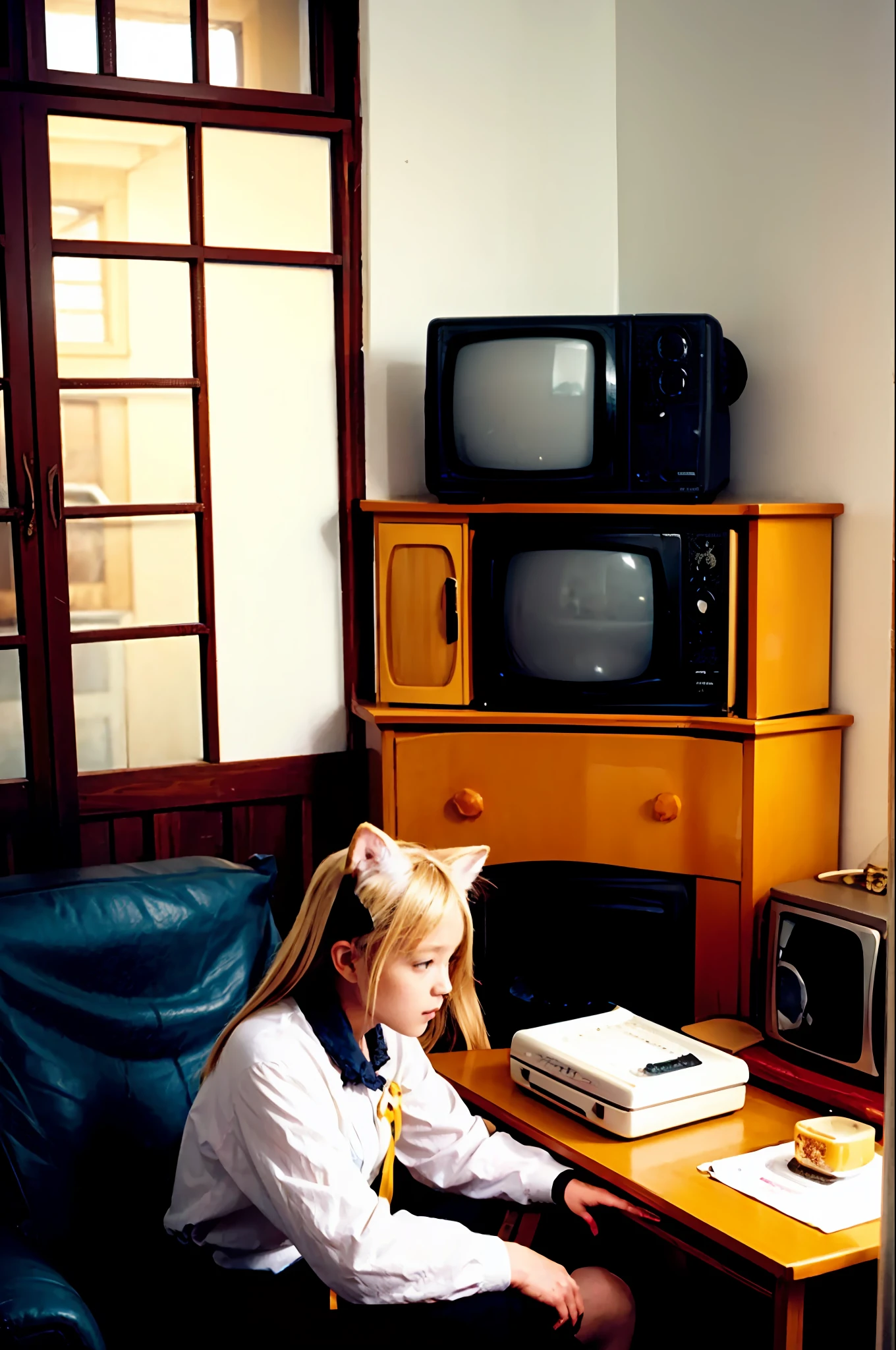 masutepiece, Best Quality, Indoors, 1girl in,Sitting, Animal ears, komono, Blonde hair, Long hair