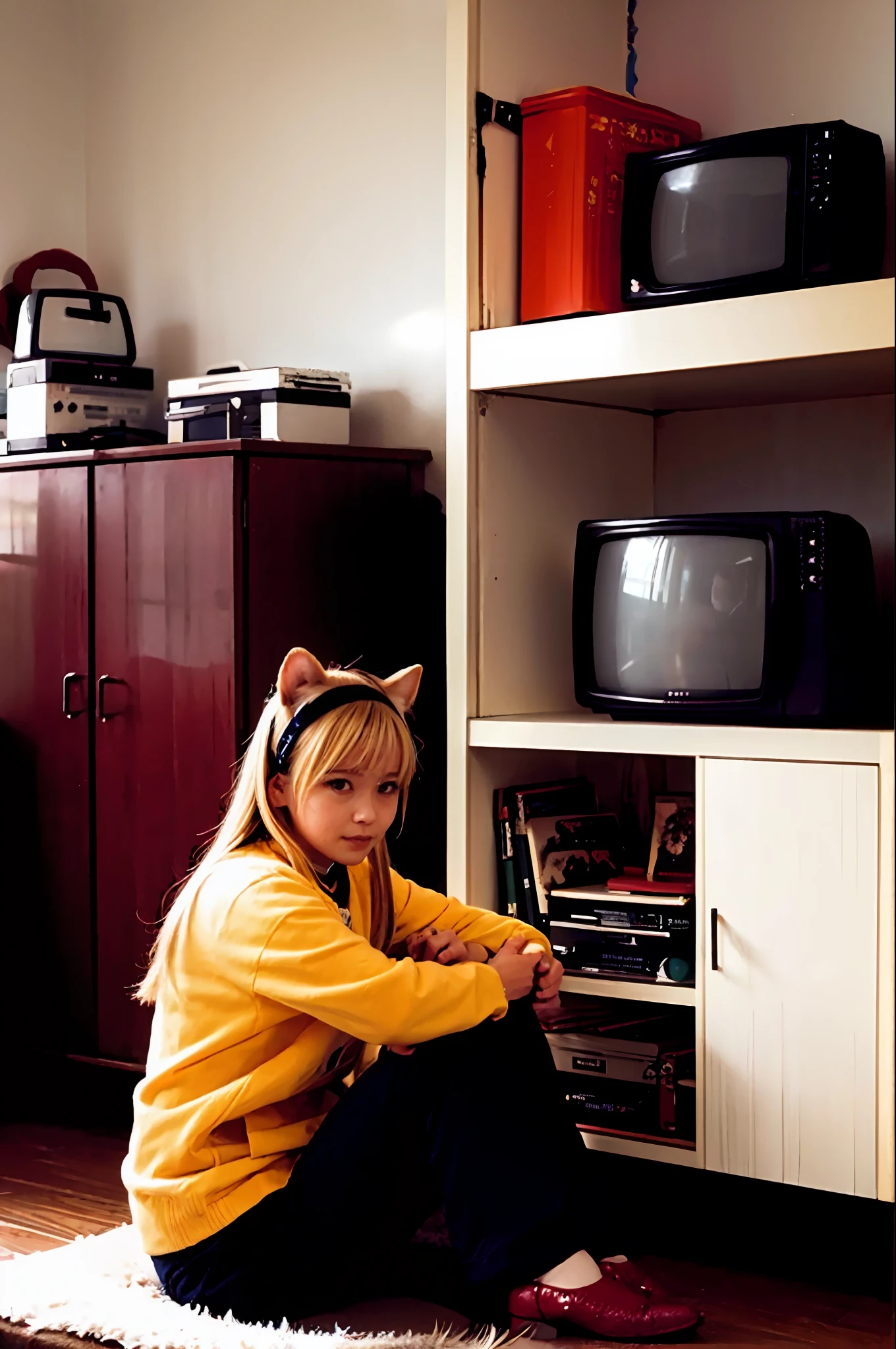 masutepiece, Best Quality, Indoors, 1girl in,Sitting, Animal ears, komono, Blonde hair, Long hair