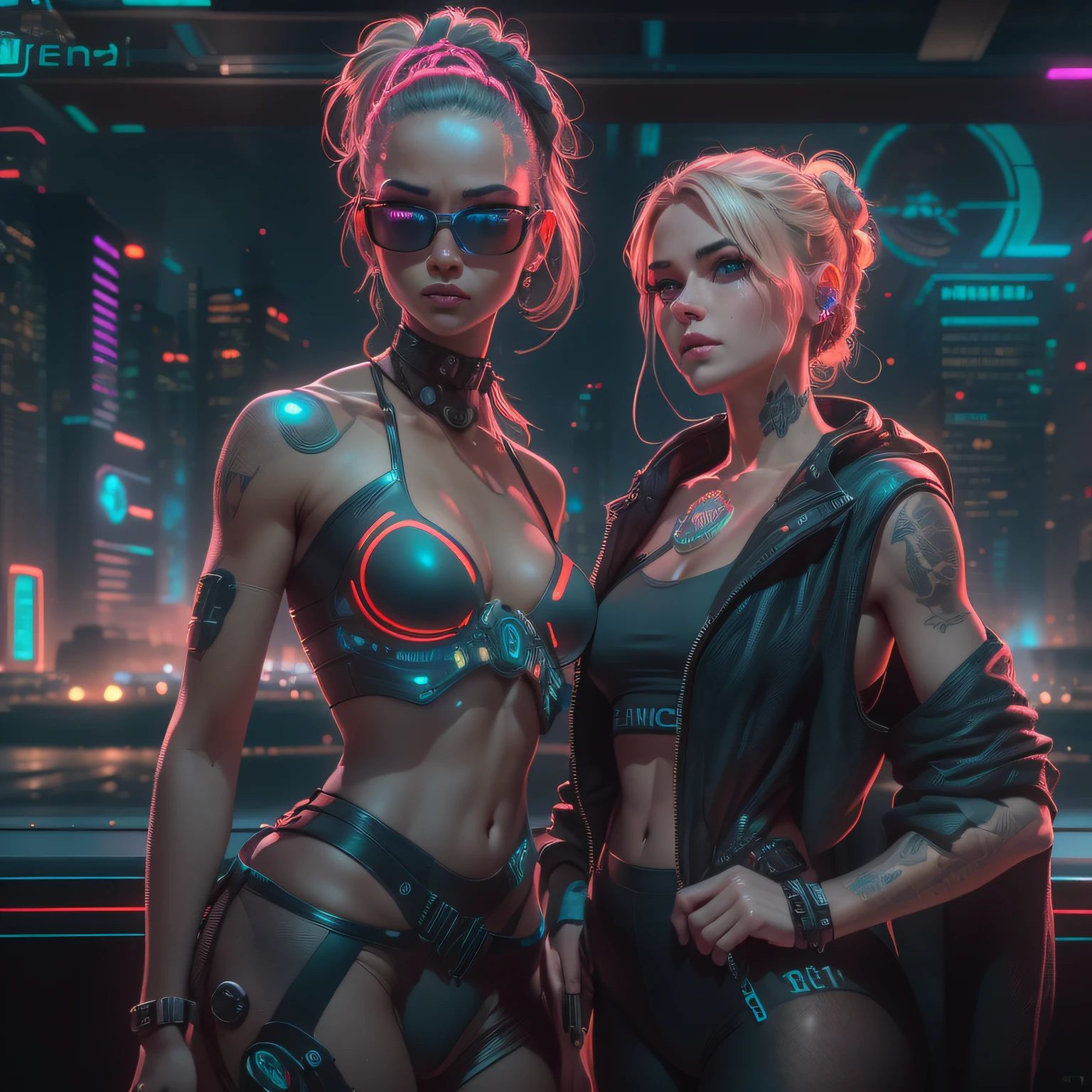 (highly detailed: 1.2), (canon EOS R6 best quality: 1.2), (8k: 1.0), (emb-rrf-low: 1.0), (lots of big black tattoos on the head, detailed face, hyper detailed eyes and augmented reality glasses: 1.2), sharp focus (awarding photo: 1.2), (subsurface scatter: 1.1) (two beautiful young humanoid girls ultra detailed: 1.2 ), (Hyper-Detailed Hair: 1.2), (Wonderful Body: 1.2), (Full Body: 1.2), (Dynamic Stance :1.2), Neon Glow, (Detailed Cybernetic Eyes:1.1), Close-up (Hyperrealistic:1.2), RPG, CyberPunk 2077 Style, Dramatic Lighting, (Highly Detailed Futuristic Cityscape:1.2), (Sci-Fi:1.2), Professional Portrait Photography, by wlop greg rut kowski jeffrey simpson alphonse mucha
