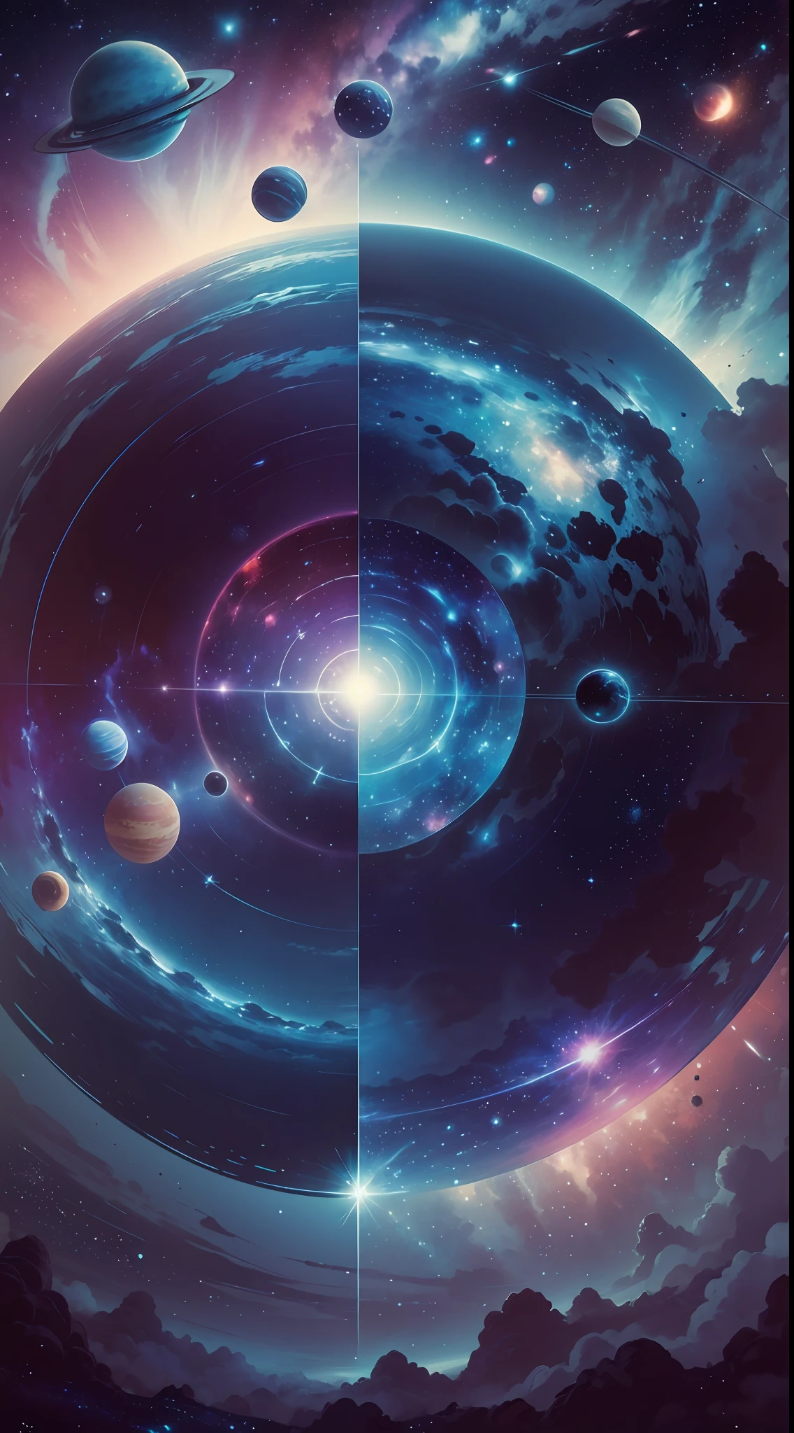 space with all the planets blue and pink colour with bright white stars background in the style of Miyazaki, —ar 21:9 --auto --s2