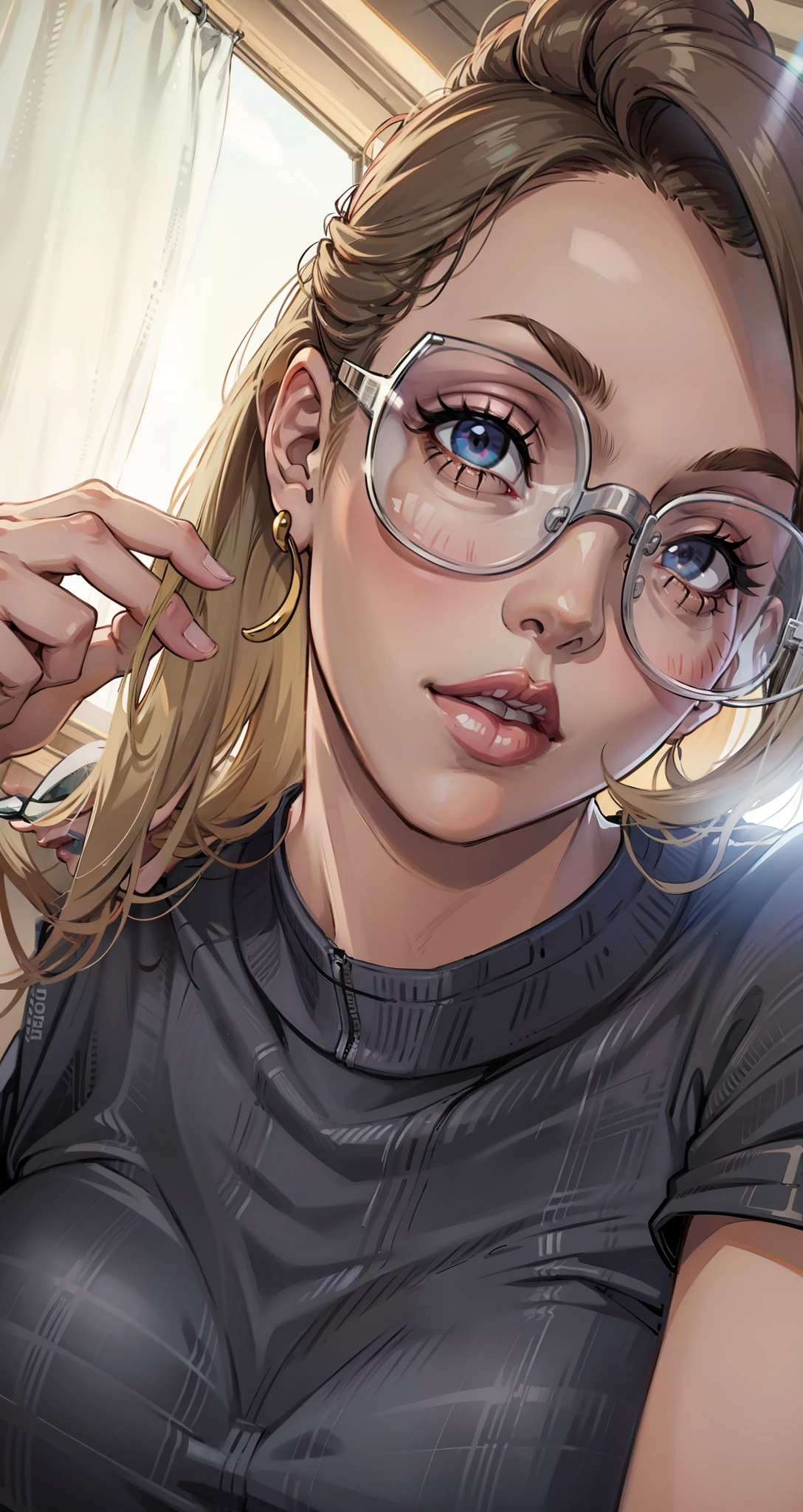 Blonde woman with pink sunglasses and a gray shirt, pink-tinted eyewear, with sun glasses, in sunglasses, with sunglasses, sunglasses on, woman with rose tinted glasses, sun glasses, girl wearing round glasses, menina cor-de-rosa, linda Delphine, sun glasses, rosa desbotado, round sunglasses, imagem de perfil, vibe rosa, 1 8 I, wearing sunglasses