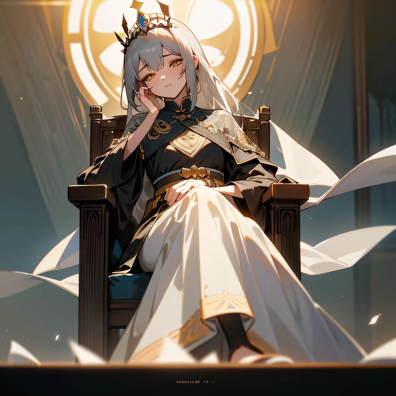 (Masterpiece:1.2), best quality, (illustration:1.2), (ultra-detailed), hyper details, (delicate detailed), (intricate details), (cinematic light, best quality Backlights), clear line, from below, solo female，perfect bodies，(1girl)，Gray hair and yellow eyes，(the emperor，Black see-through garment)，(tiara crown：1.1)，sitting on an royal throne，Close your eyes slightly，low head，low head，(is shy：1.2 ), ((makeup)), High contrast, (best illumination, an extremely create and beautiful), ((cinematic light)), Bright colors，hyper-detailing，A high resolution，hyper-detailing，best qualtiy，astounding，top Quority，the Extremely Detailed CG Unity 8K Wallpapers，cinmatic lighting，Huaxia Phoenix --auto