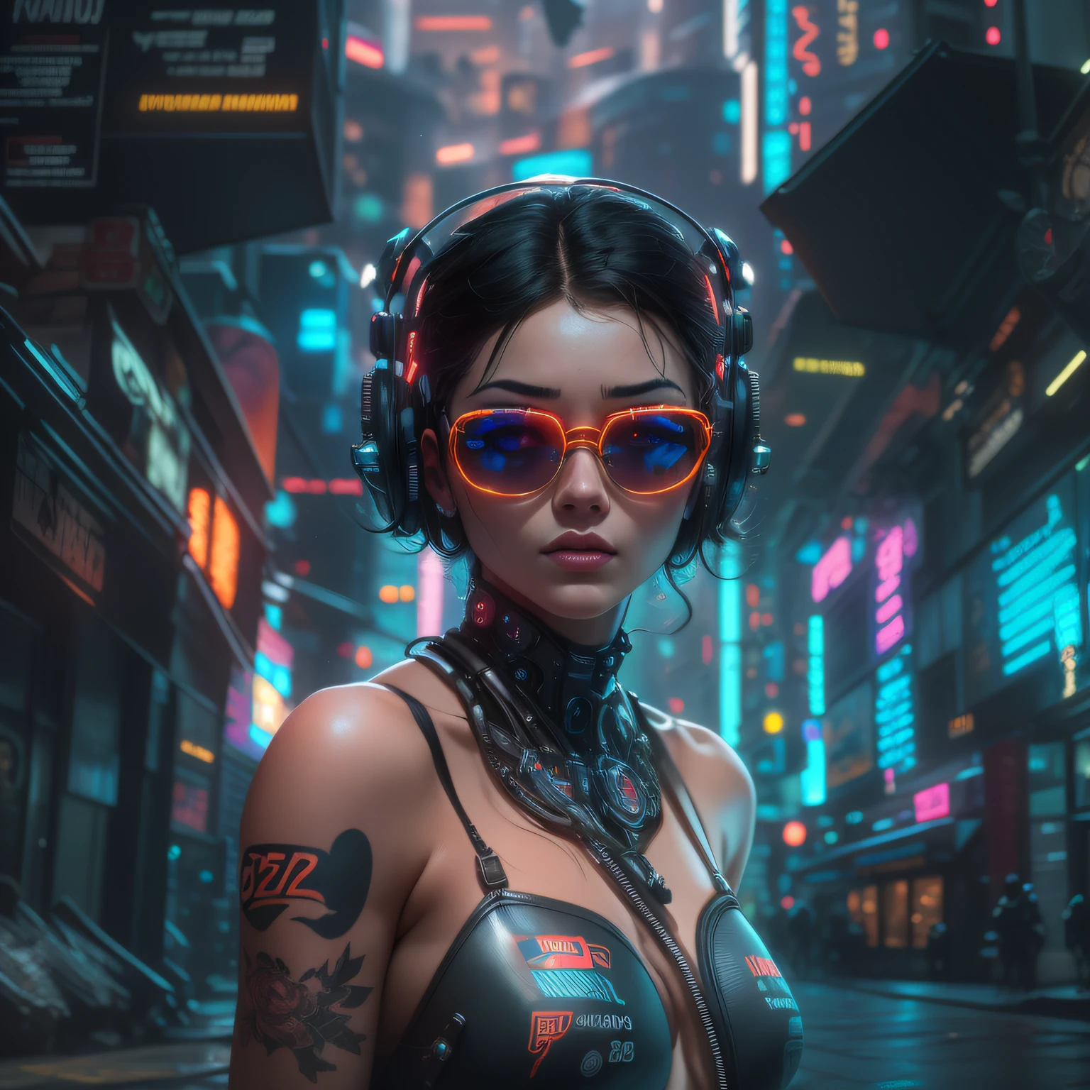 (highly detailed: 1.2), (canon EOS R6 best quality: 1.2), (8k: 1.0), (emb-rrf-low: 1.0), (lots of large black tattoos on cybernetic head open in the middle showing the inside, detailed face, hyper detailed eyes and wearing hi-tech sunglasses with holographic display 1.2), sharp focus (awarded photo: 1.2), (subsurface scatter: 1.2), (subsurface scatter: 1.2). 1.1) (Two beautiful humanoid girls ultra-detailed: 1.2), (Hyper-detailed hair: 1.2), (Wonderful body: 1.2), (Full body: 1.2), (Dynamic posture :1.2), Neon glow, (Detailed cybernetic eyes:1.1), Close-up (Hyperrealistic:1.2), RPG, CyberPunk 2077 style, Dramatic lighting, (Highly detailed futuristic cityscape:1.2), (Sci-Fi) :1.2), professional portrait photography, by wlop greg rutkowski jeffrey simpson alphonse mucha