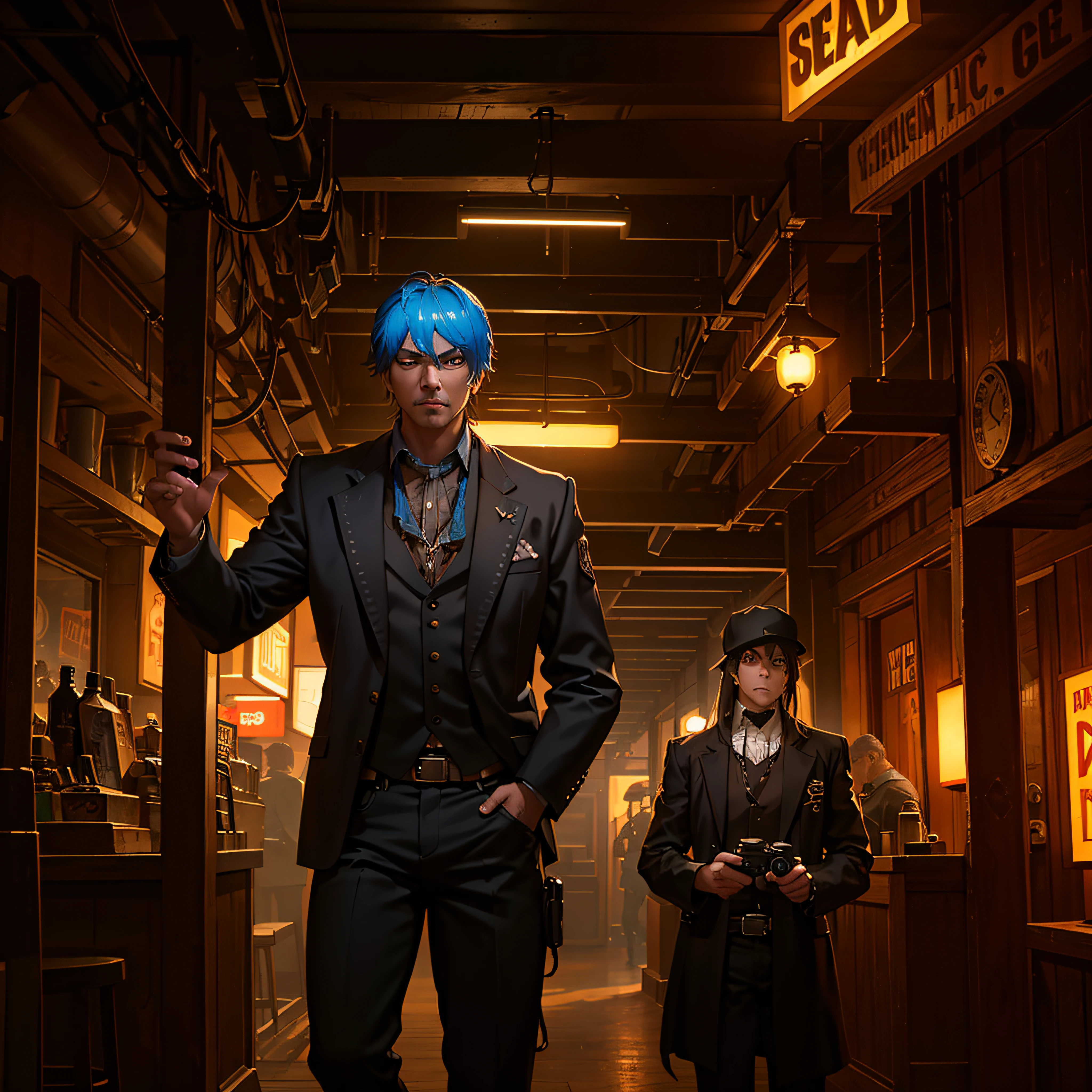 Cinematic scene of an old west bar reimagined in a cyberpunk setting, with an aged wooden facade and mechanical adornments, illuminated by blue neon lights that contrast with the rustic environment, where modern cowboys and cyborgs meet for business and technological duels, conveying an atmosphere of mystery and adventure, Photography, 24mm wide angle lens, --ar 16:9 --v 5 --auto