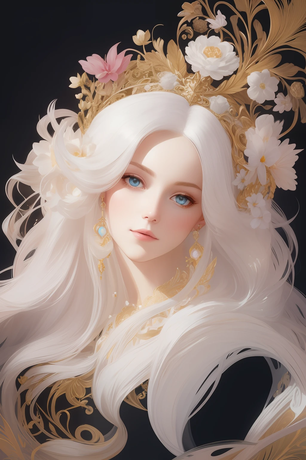 ((gorgeous princess)), (with long flowing white hair), (bright and beautiful eyes), trending on Art Station, flower of hope by Jean-Honor Fragonard, Peter mohrbacher, super detailed, crazy details , stunning sophisticated elite art nouveau ornate liquid wax elegant luxurious greg rutkowski ink style sticker vector art beautiful character design double exposure shot luminous design, winning entry, masterpiece, amoled black background,