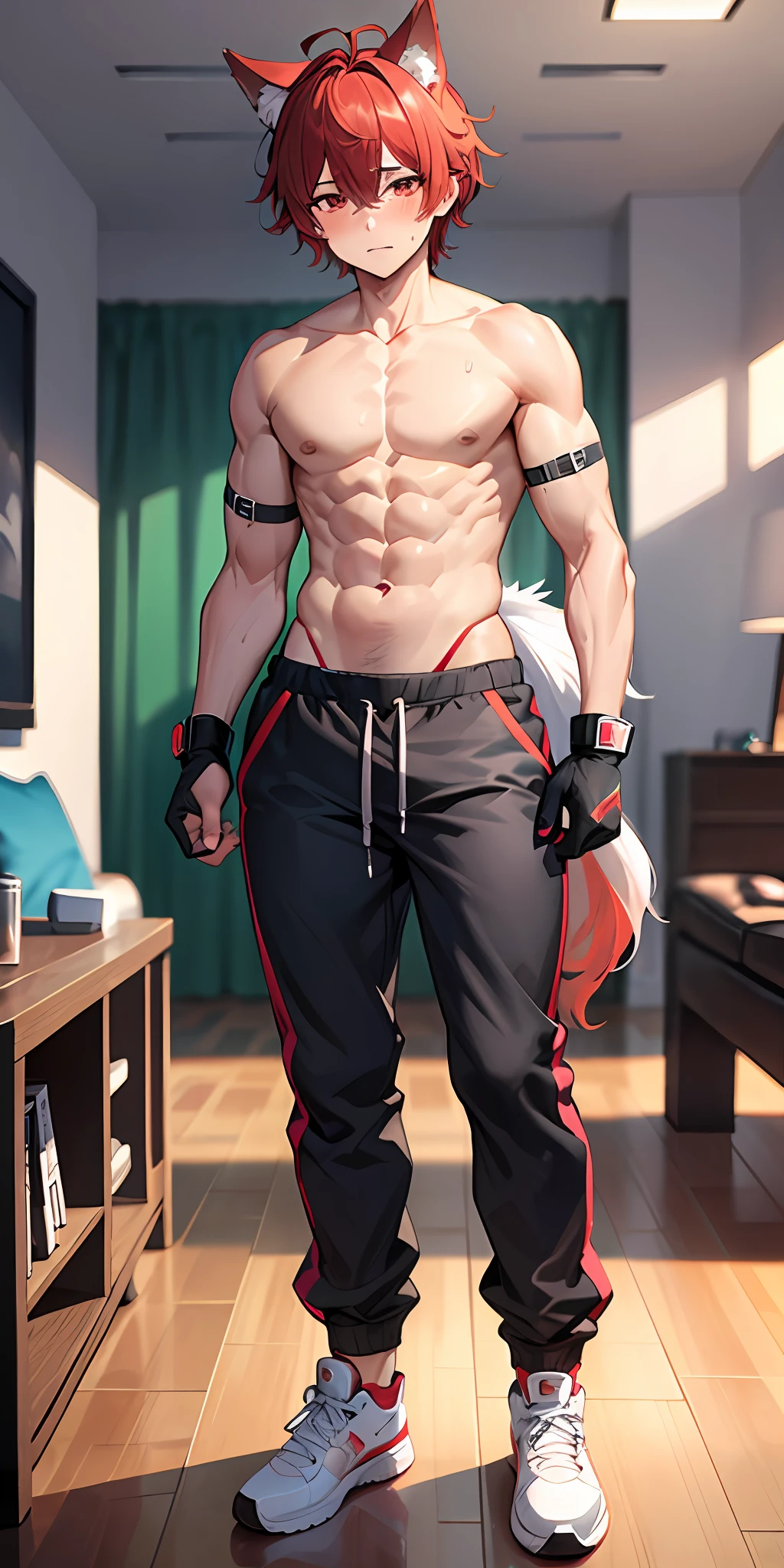 1boy, wolf ears, wolf tail, short fluffy red hair, red eyes, slim waist, ultra masterpiece, shirtless, sweatpants, living room setting, big thighs, seductive, blush, wide hips, full body view