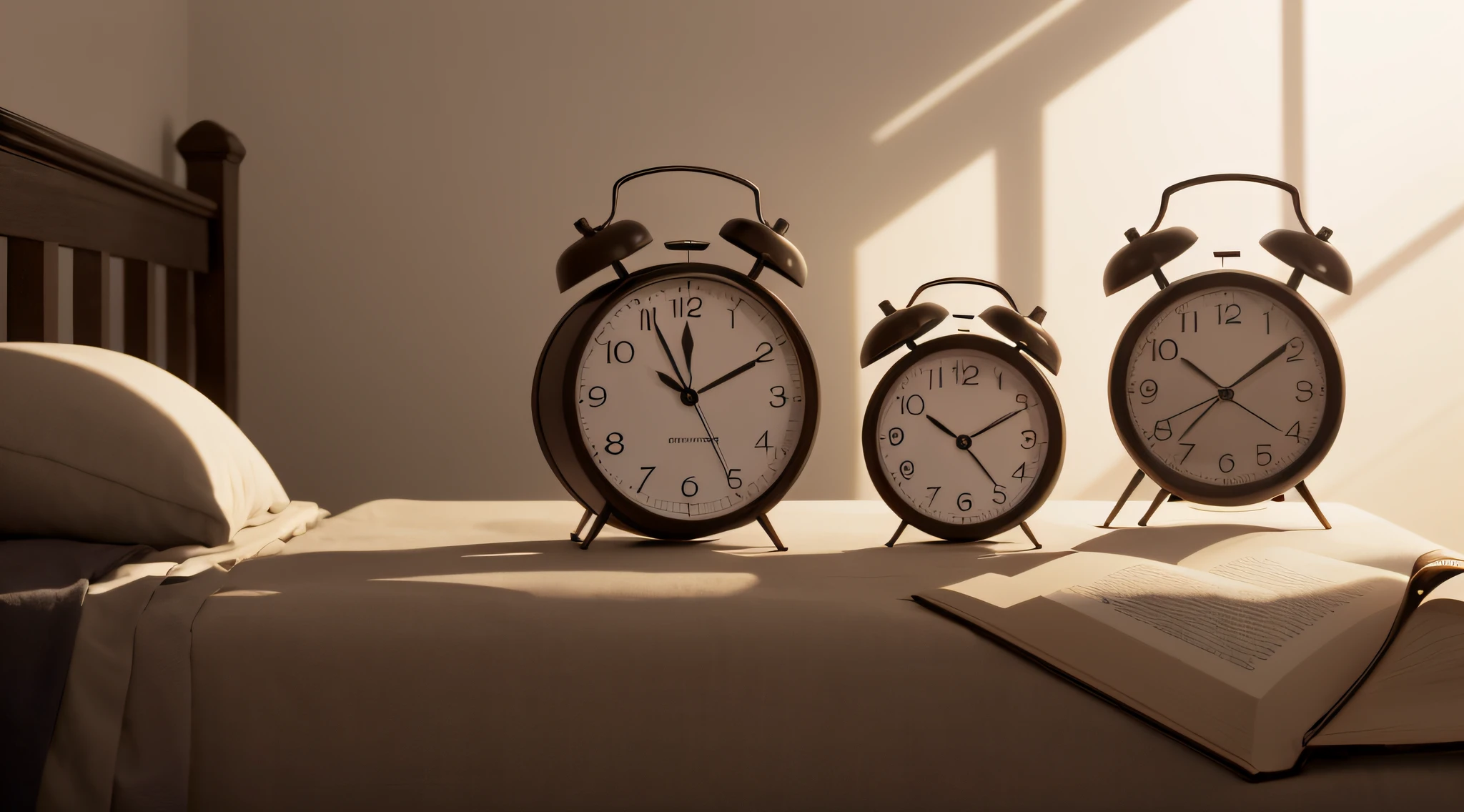 An alarm clock sounding in a dark room, com um personagem semi-acordado na cama, looking tiredly at the clock.