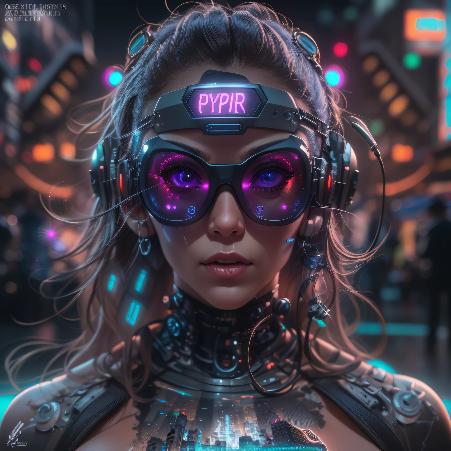 (highly detailed: 1.2), (canon EOS R6 best quality: 1.2), (8k: 1.0), (emb-rrf-low: 1.0), (lots of large black tattoos on cybernetic head open in the middle showing the inside, detailed face, hyper detailed eyes and wearing hi-tech sunglasses with holographic display 1.2), sharp focus (awarded photo: 1.2), (subsurface scatter: 1.2), (subsurface scatter: 1.2). 1.1) (a beautiful ultra-detailed cyborg: 1.2), ( hyper-detailed hair: 1.2), (wonderful body: 1.2), (full body: 1.2), (dynamic stance :1.2), neon glow, (detailed cybernetic eyes:1.1), close-up (hyperrealistic:1.2), rpg, CyberPunk 2077 style, dramatic lighting, (highly detailed futuristic cityscape:1.2), (sci-fi: 1.2). 1.2), professional portrait photography, by wlop greg rutkowski jeffrey simpson alphonse mucha