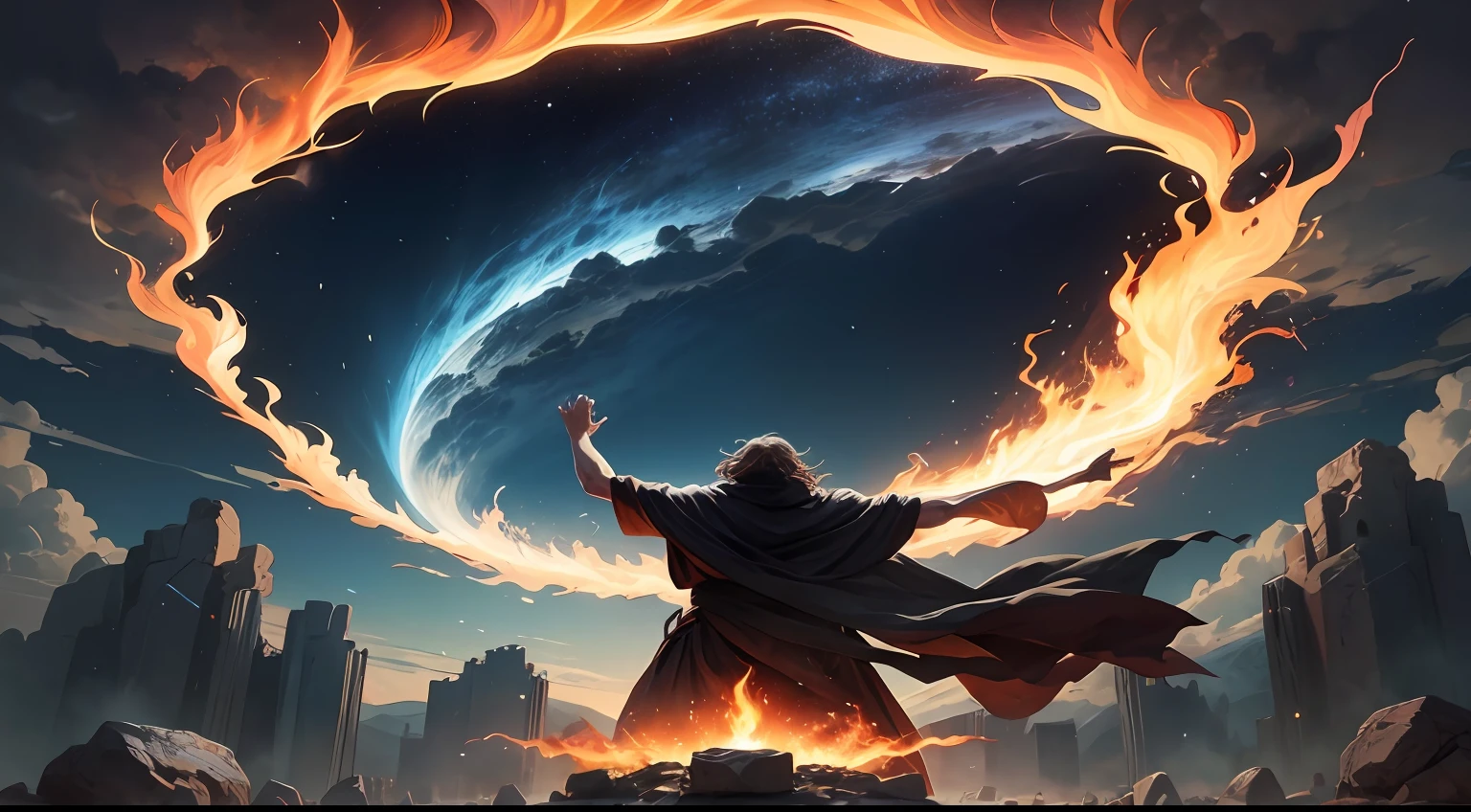 Develop an illustration of the prophet Elijah raising his hands toward heaven, while a ray of fire pierces through the sky and hits a stone altar far from it, deixando-o completamente em chamas.