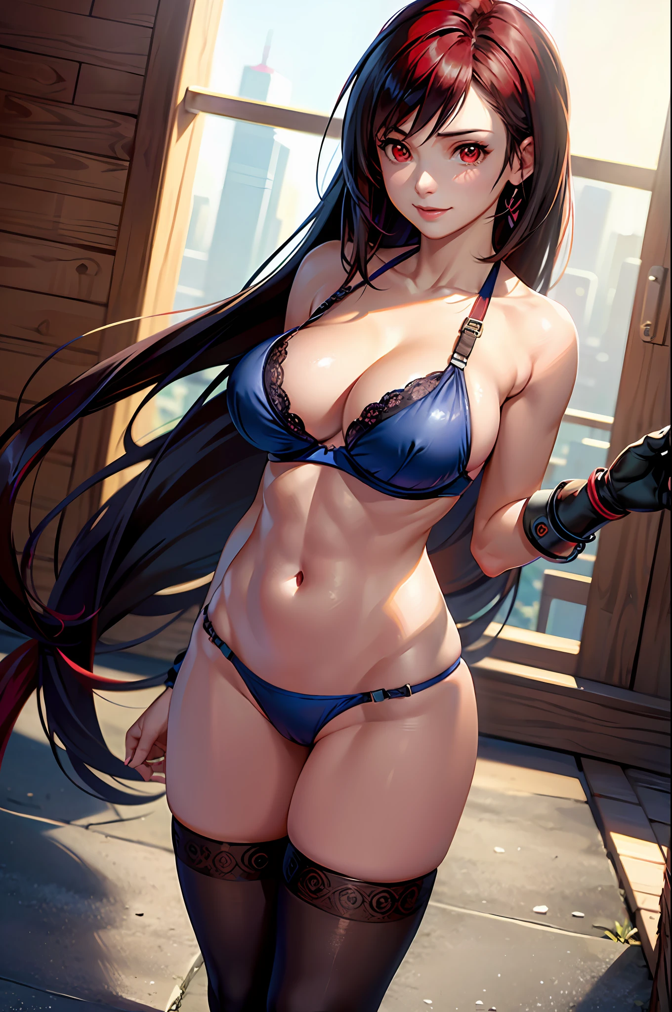 (8k, best quality, masterpiece:1.2), (realistic, photo-realistic:1.37), (full body), standing, , (wide stance) standing contrapposto, ultra-detailed, 1 girl,cute, solo, (tifa lockhart), (:1.5), (beautiful detailed eyes), (smile:1.2), (closed mouth), sharp focus, depth of field, good composition, Final Fantasy VII, very long straight hair, hair bang, ((red_eyes)), intricate, bokeh, (Tetsuya Nomura style),  perfect , blue lace bra, blue , long gloves, stockings, garter, toned body, athletic, wide , thin waist, toned arms, exposed abdomen, view 